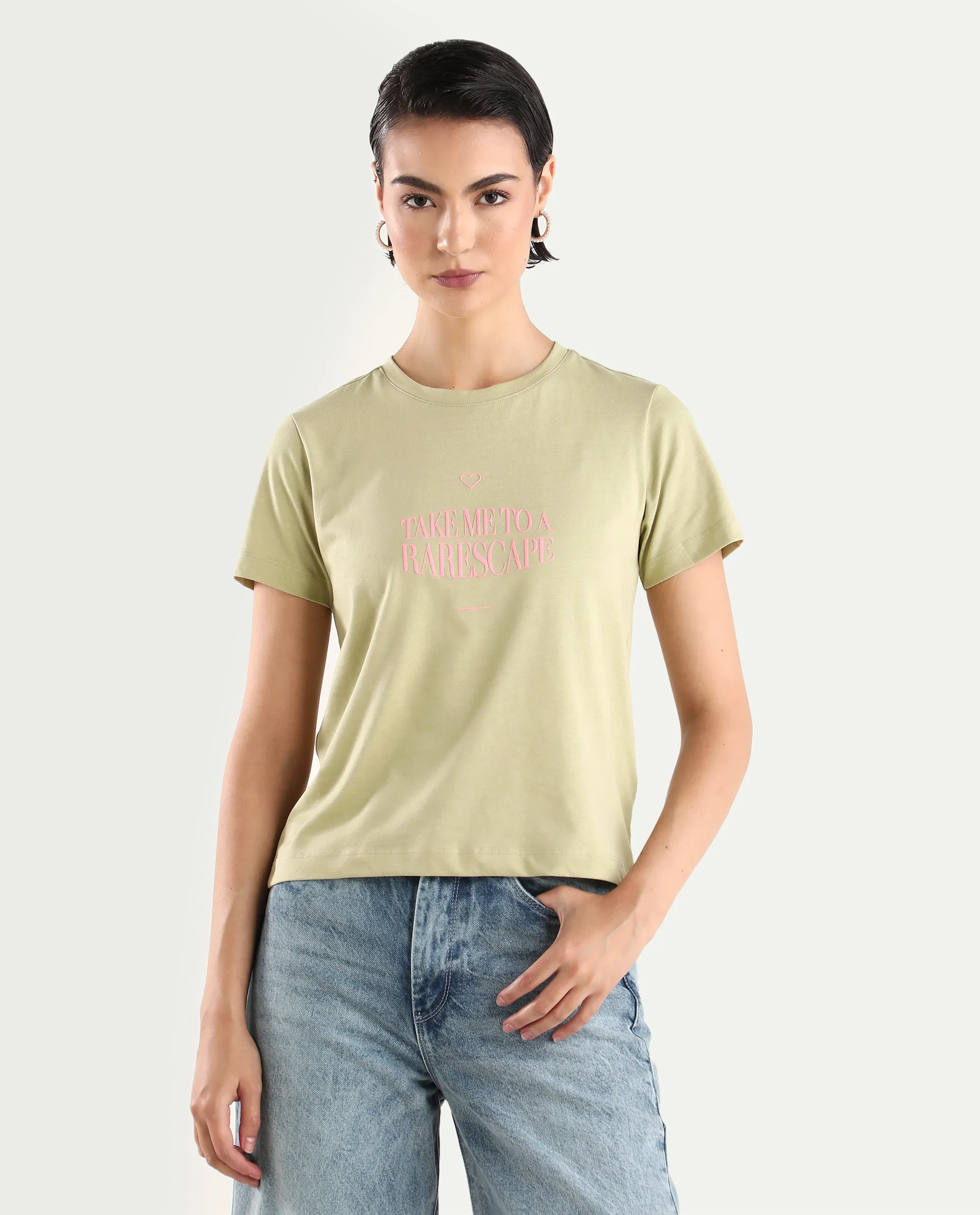 Rareism Women's Erin Light Green Cotton Blend Crew Neck Graphic Print Regular Fit T-Shirt - Image 3