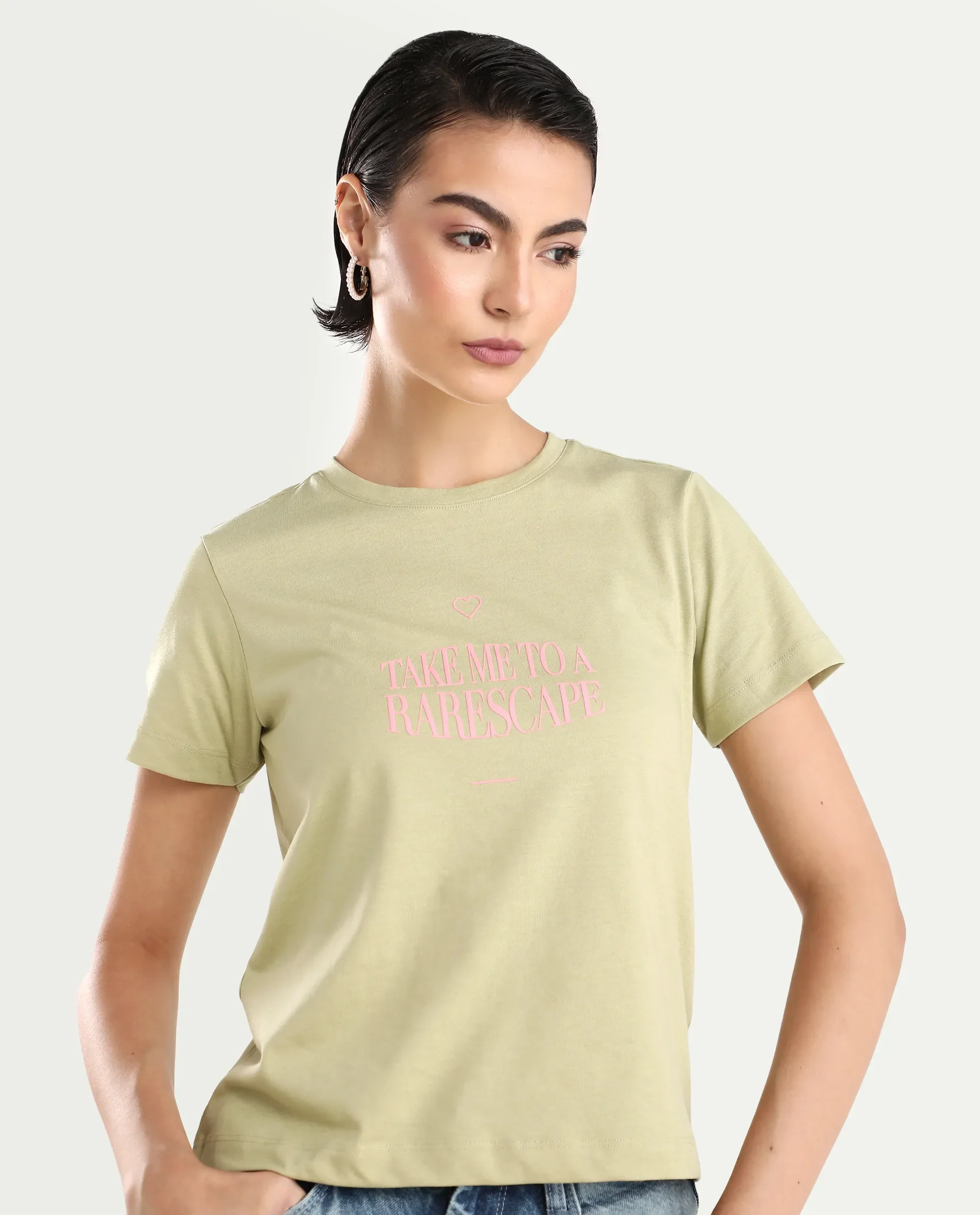 Rareism Women's Erin Light Green Cotton Blend Crew Neck Graphic Print Regular Fit T-Shirt - Image 4