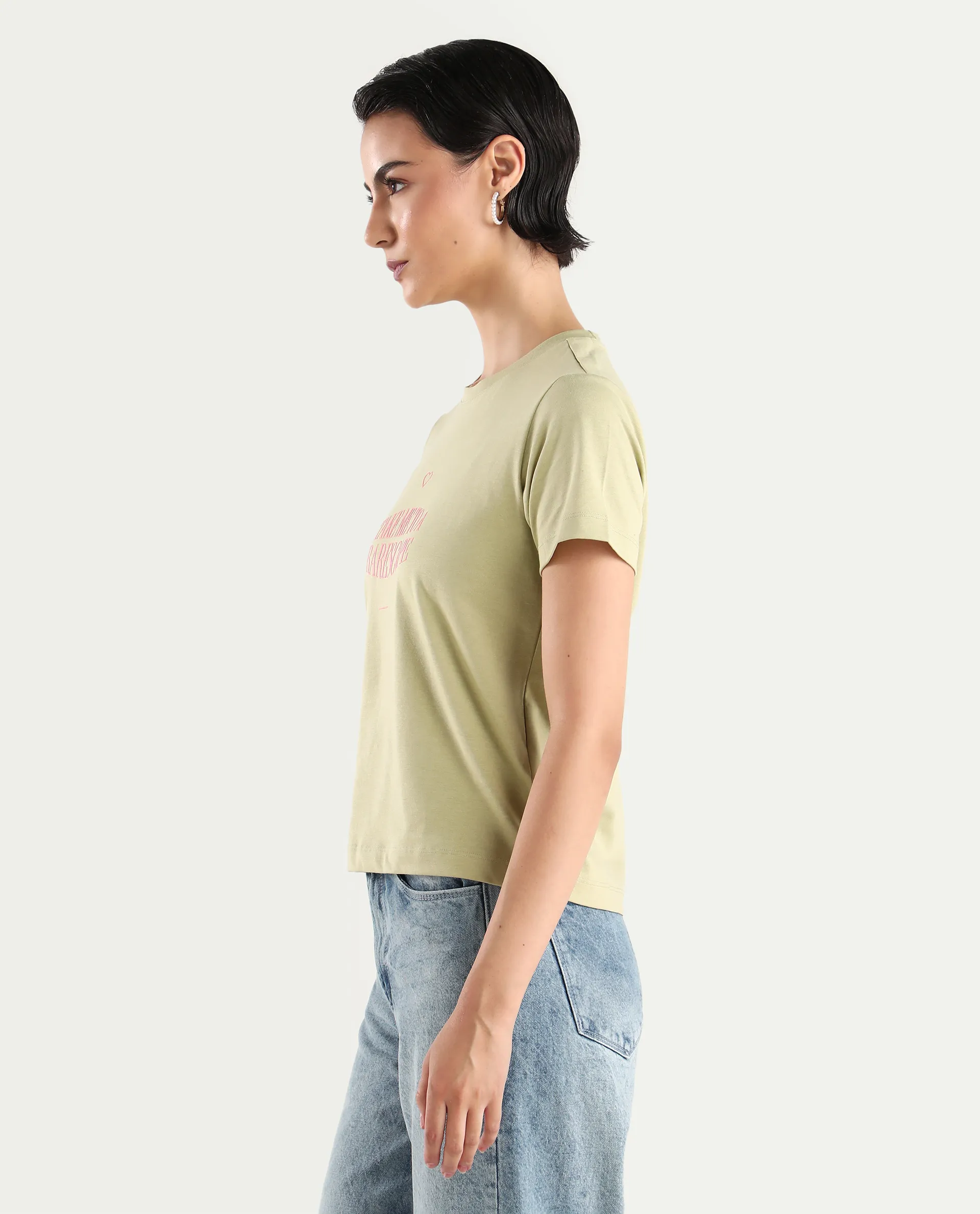Rareism Women's Erin Light Green Cotton Blend Crew Neck Graphic Print Regular Fit T-Shirt - Image 5