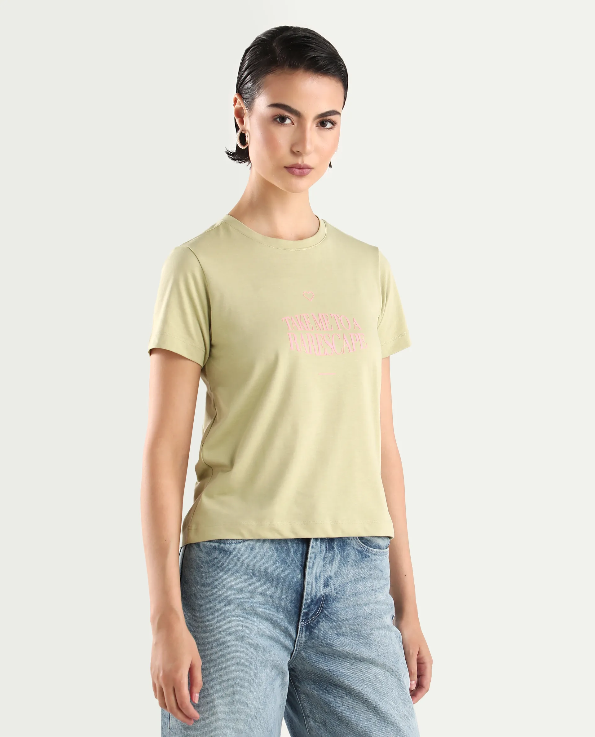 Rareism Women's Erin Light Green Cotton Blend Crew Neck Graphic Print Regular Fit T-Shirt - Image 6