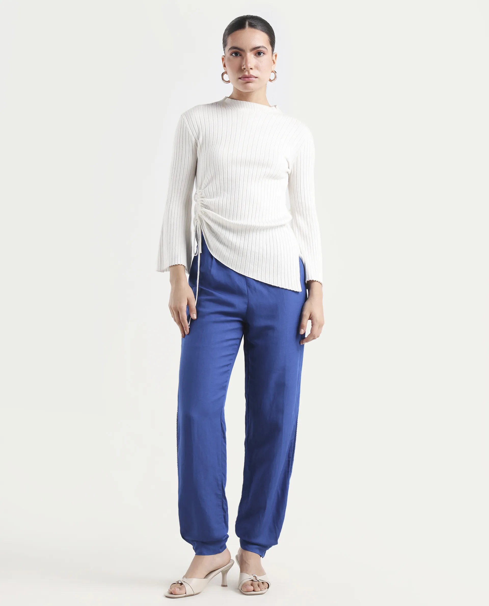 Rareism Women's Erin Blue Cotton Linen Plain Ankle Length Tailored Trouser - Image 2