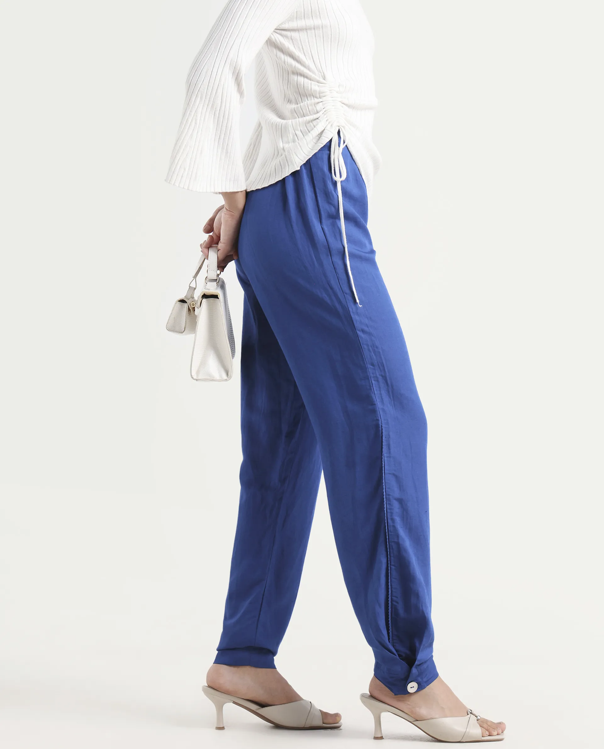 Rareism Women's Erin Blue Cotton Linen Plain Ankle Length Tailored Trouser - Image 3