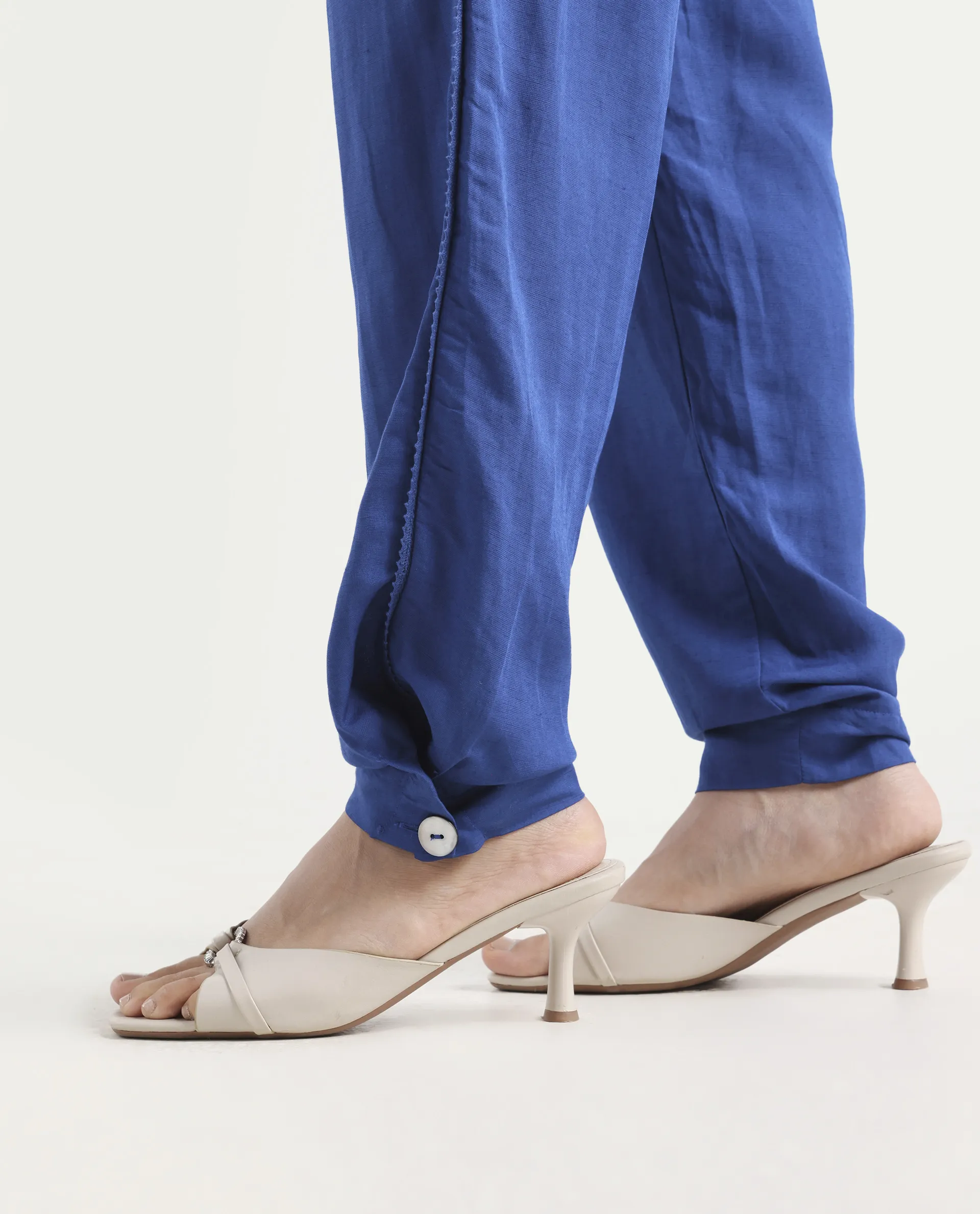 Rareism Women's Erin Blue Cotton Linen Plain Ankle Length Tailored Trouser - Image 5