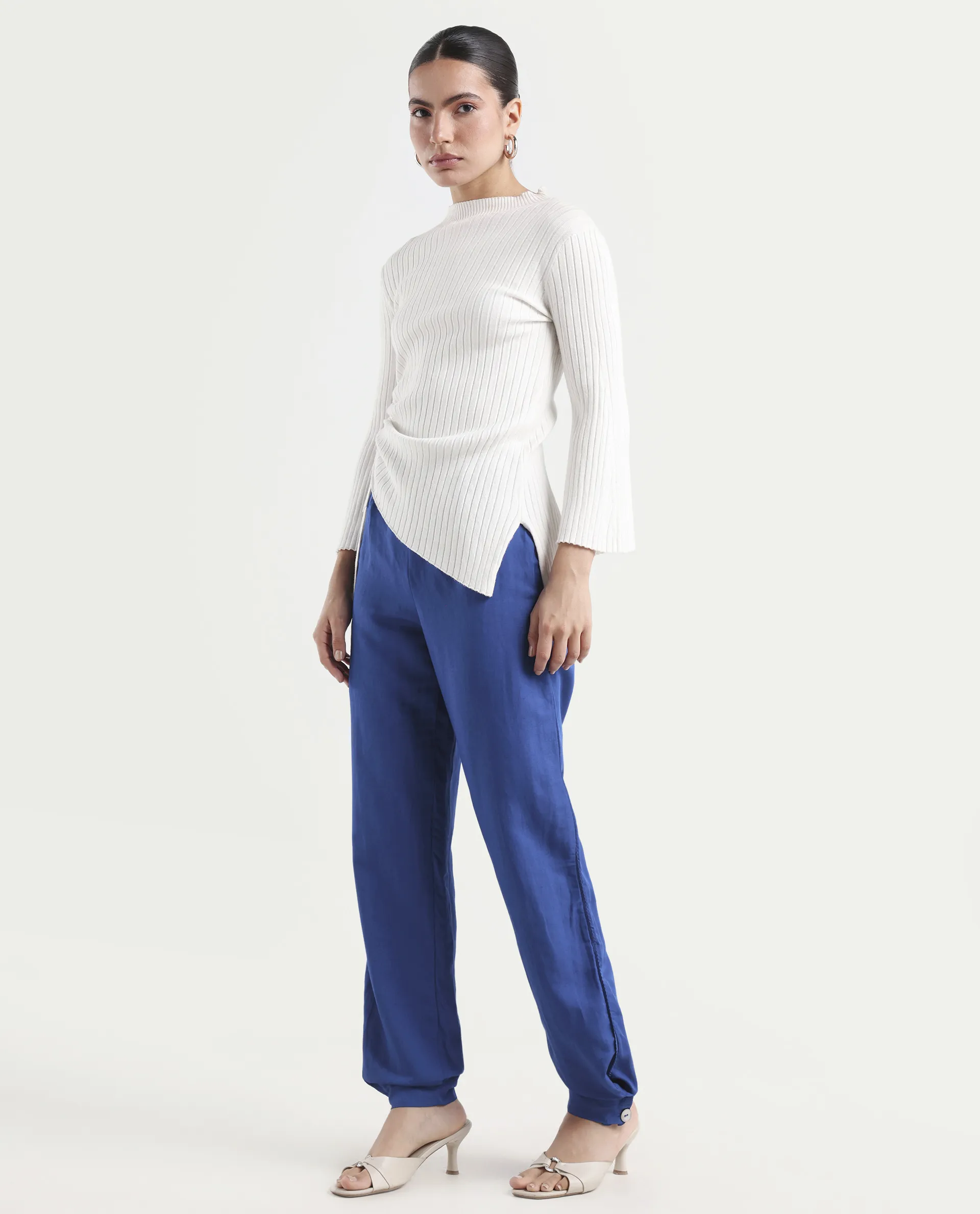 Rareism Women's Erin Blue Cotton Linen Plain Ankle Length Tailored Trouser - Image 6