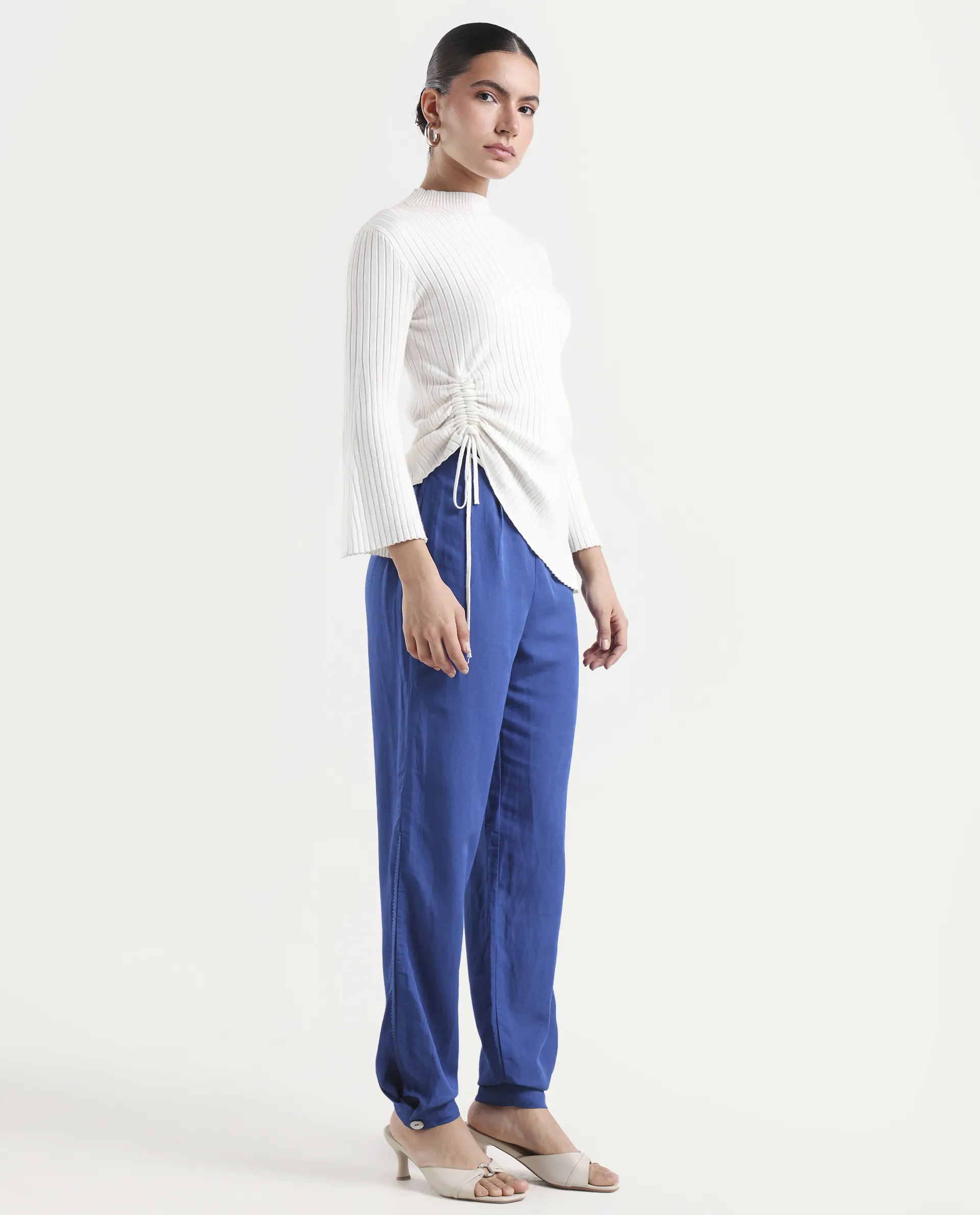Rareism Women's Erin Blue Cotton Linen Plain Ankle Length Tailored Trouser - Image 7