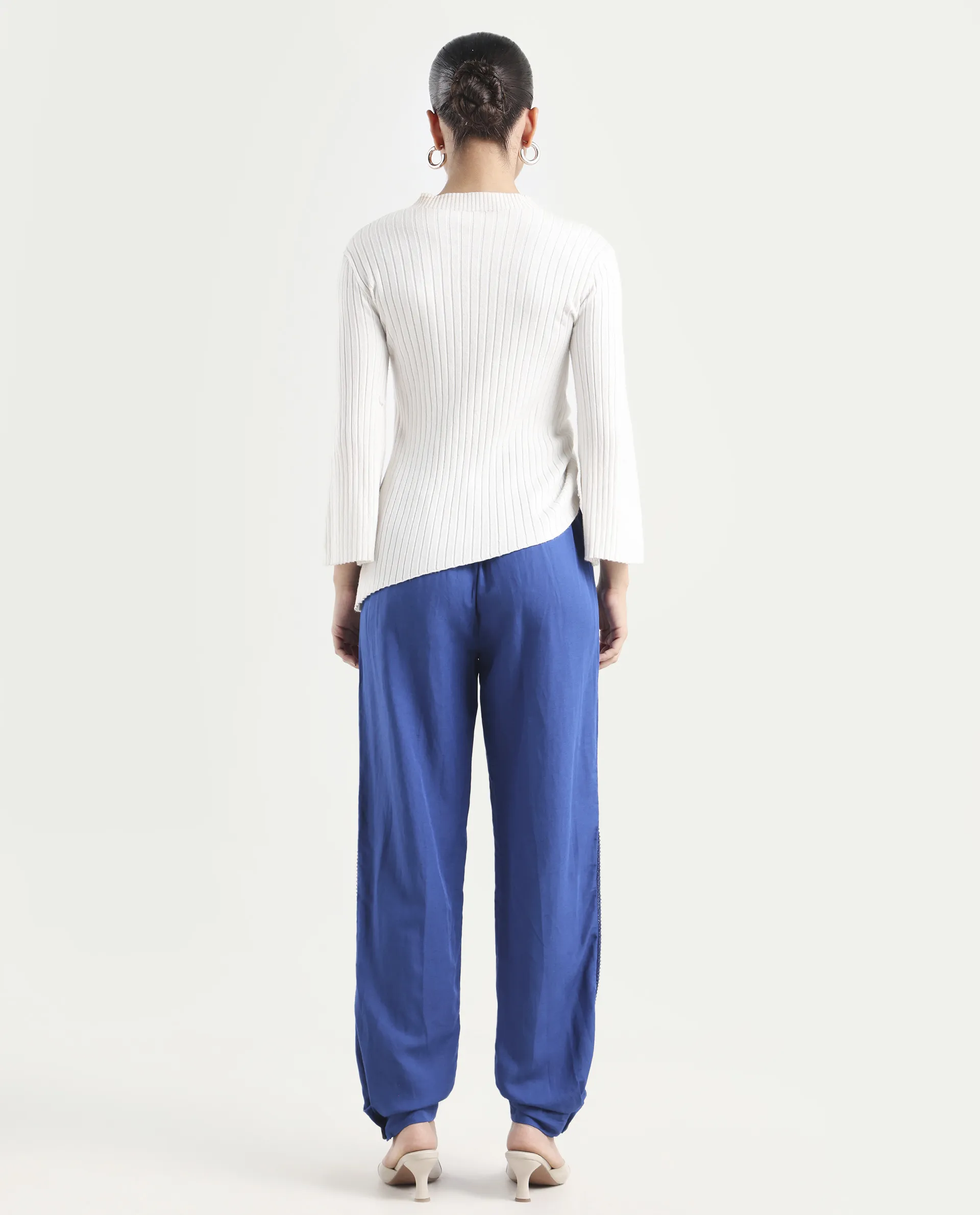 Rareism Women's Erin Blue Cotton Linen Plain Ankle Length Tailored Trouser - Image 8