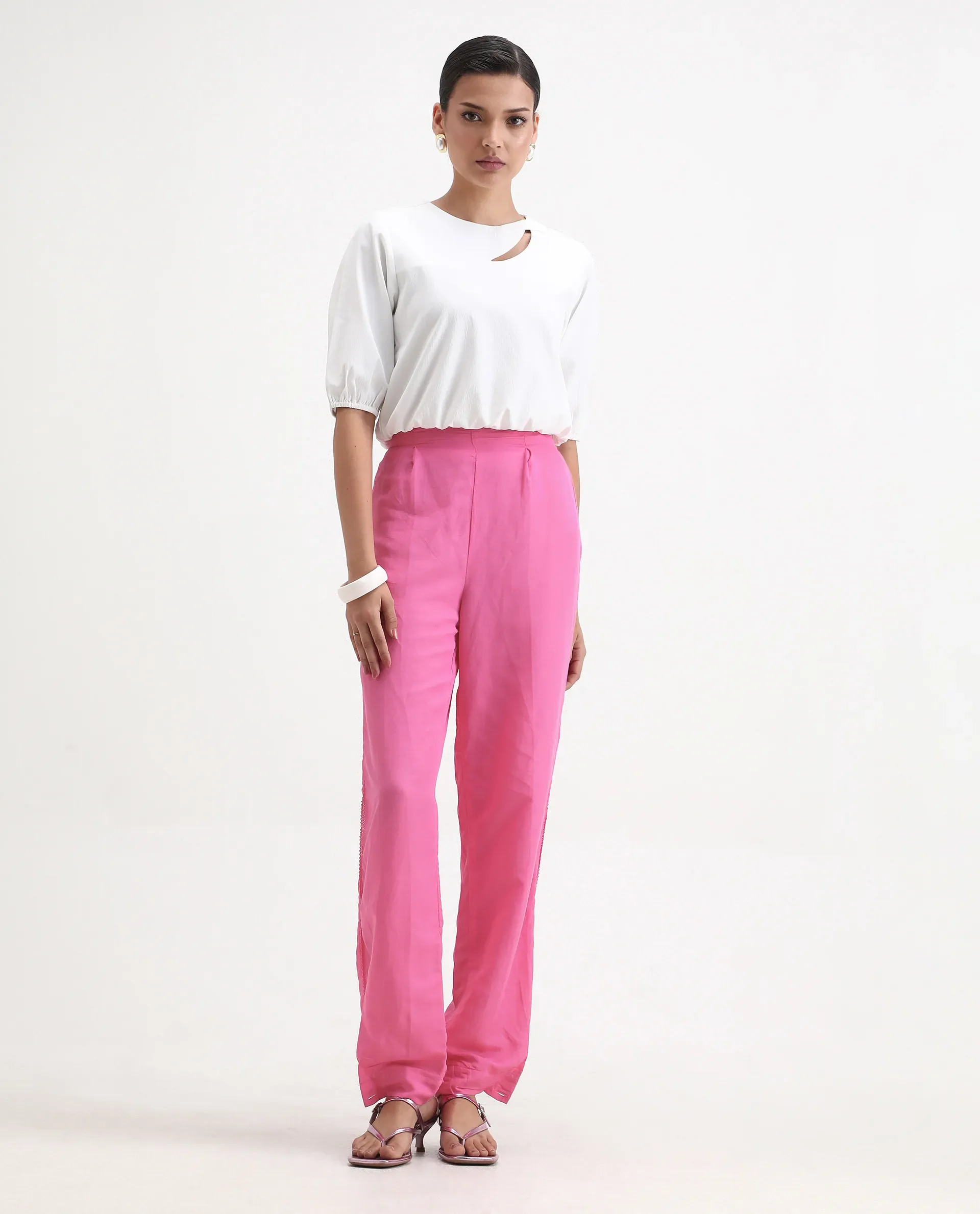 Rareism Women's Erin Pink Cotton Linen Plain Ankle Length Tailored Trouser - Image 2