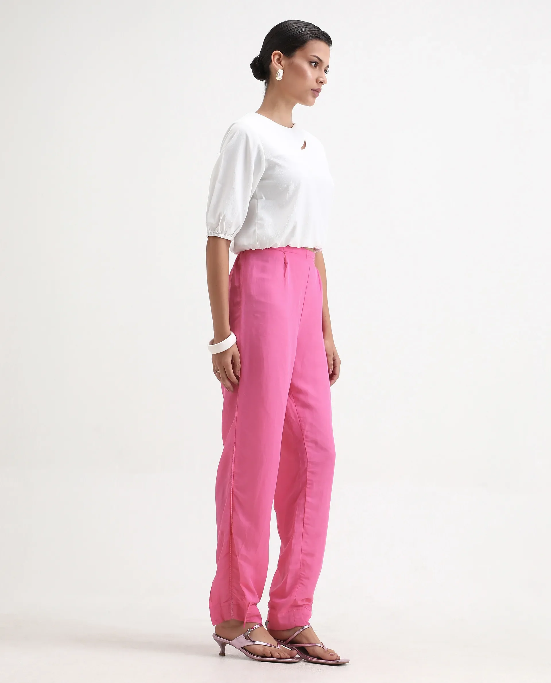 Rareism Women's Erin Pink Cotton Linen Plain Ankle Length Tailored Trouser - Image 4