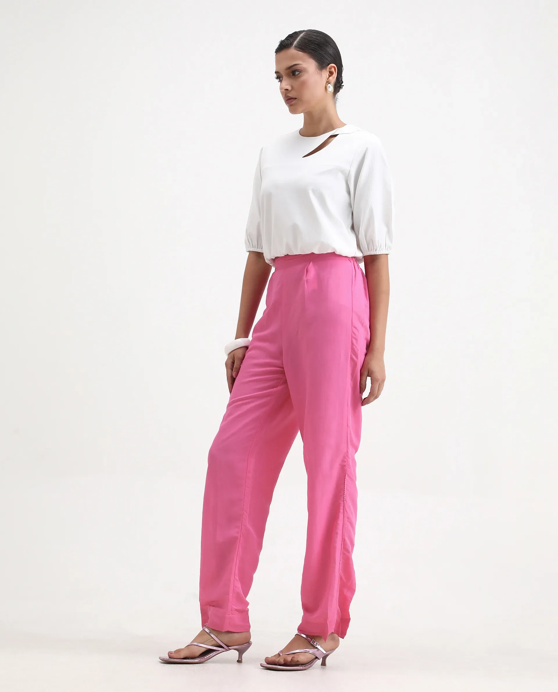 Rareism Women's Erin Pink Cotton Linen Plain Ankle Length Tailored Trouser - Image 5