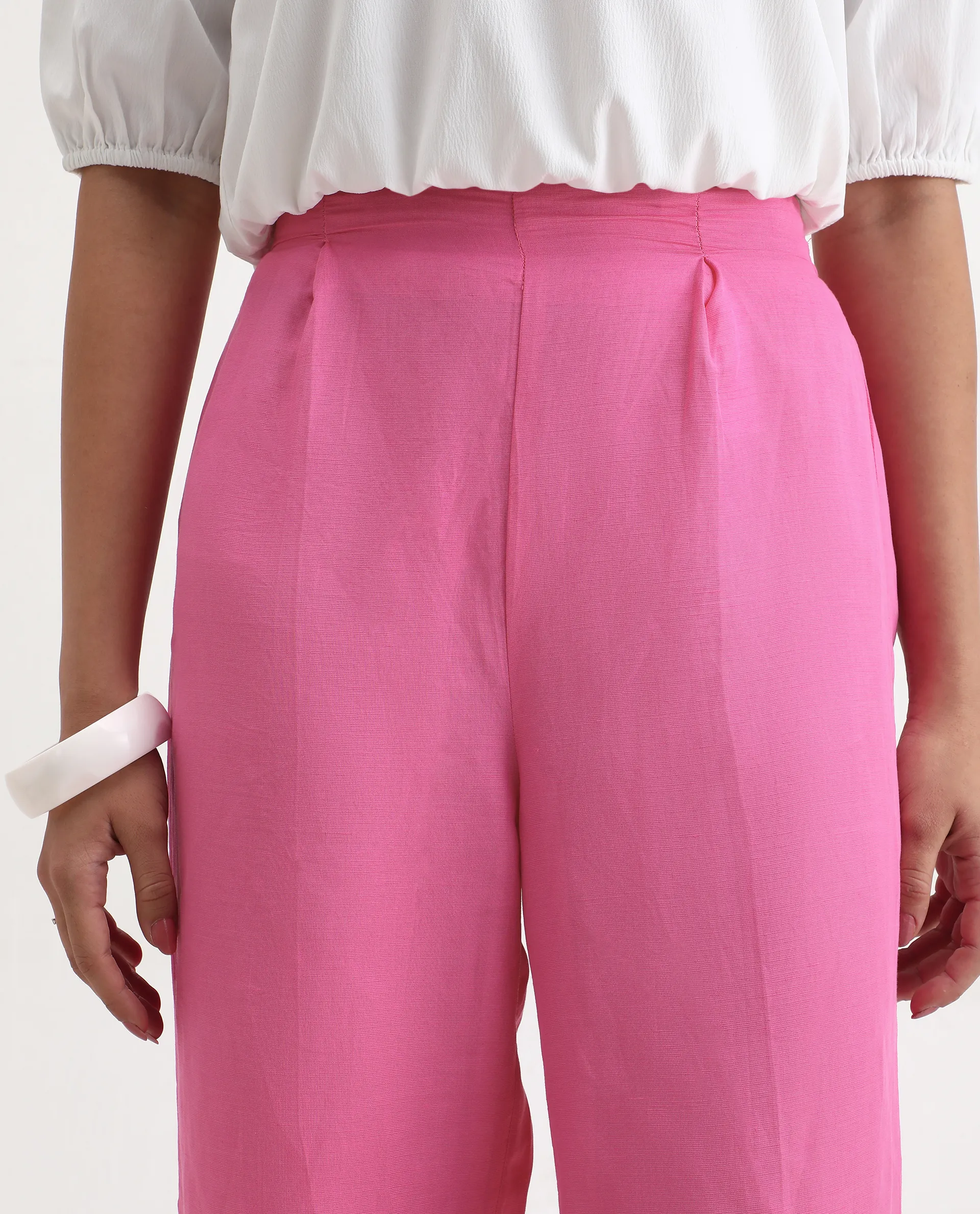 Rareism Women's Erin Pink Cotton Linen Plain Ankle Length Tailored Trouser - Image 6