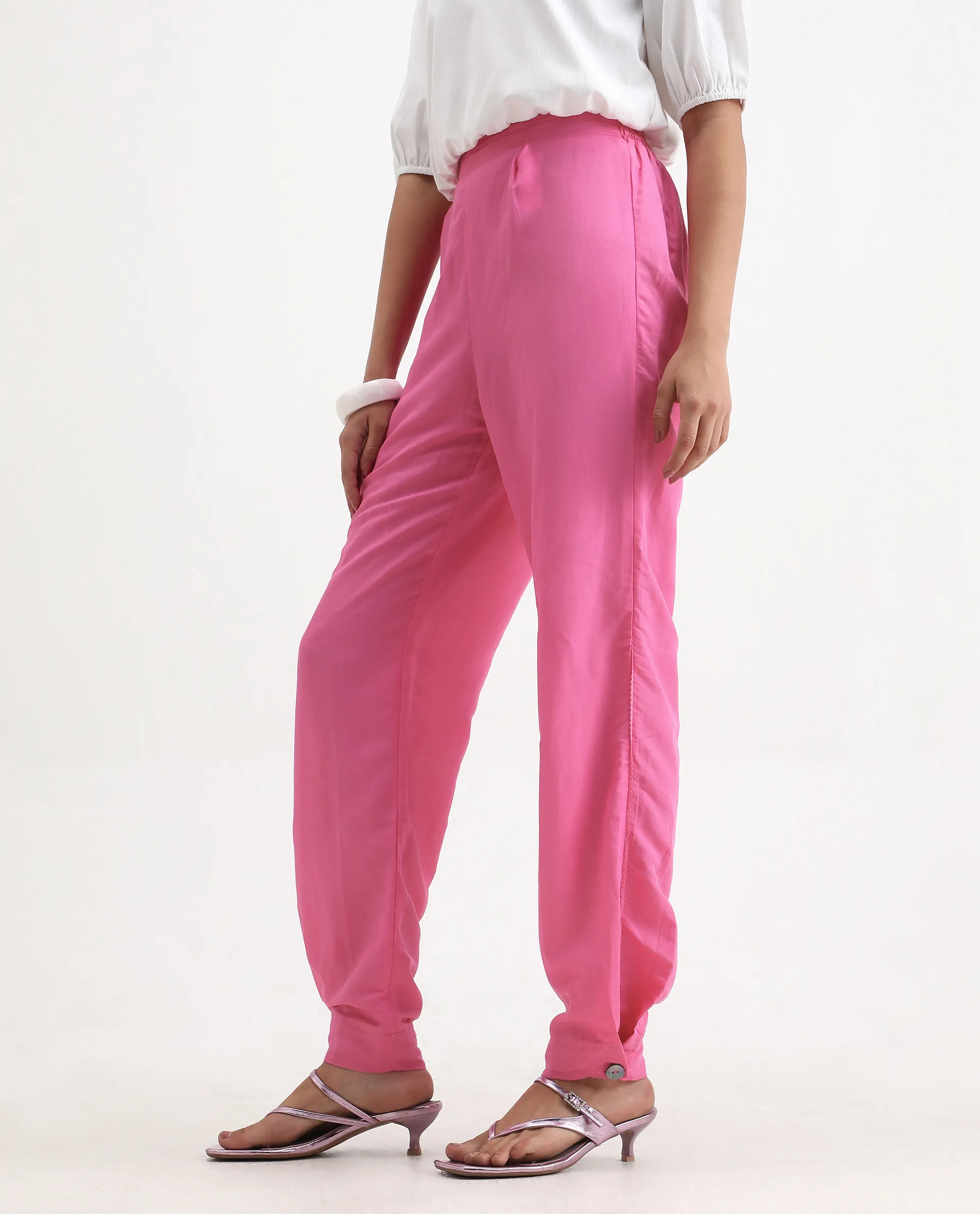 Rareism Women's Erin Pink Cotton Linen Plain Ankle Length Tailored Trouser - Image 7