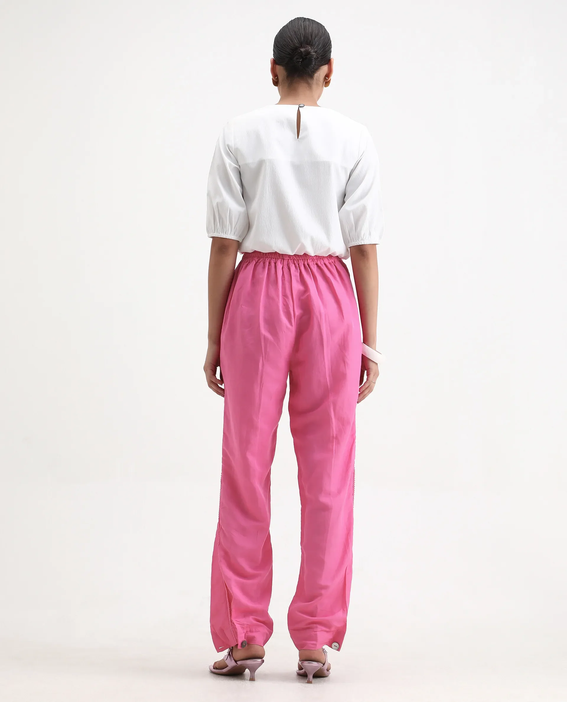 Rareism Women's Erin Pink Cotton Linen Plain Ankle Length Tailored Trouser - Image 8