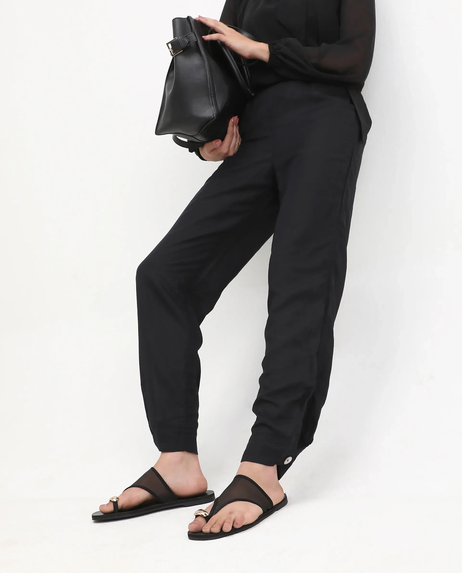 Rareism Women's Erin Black Cotton Linen Plain Ankle Length Tailored Trouser - Image 2