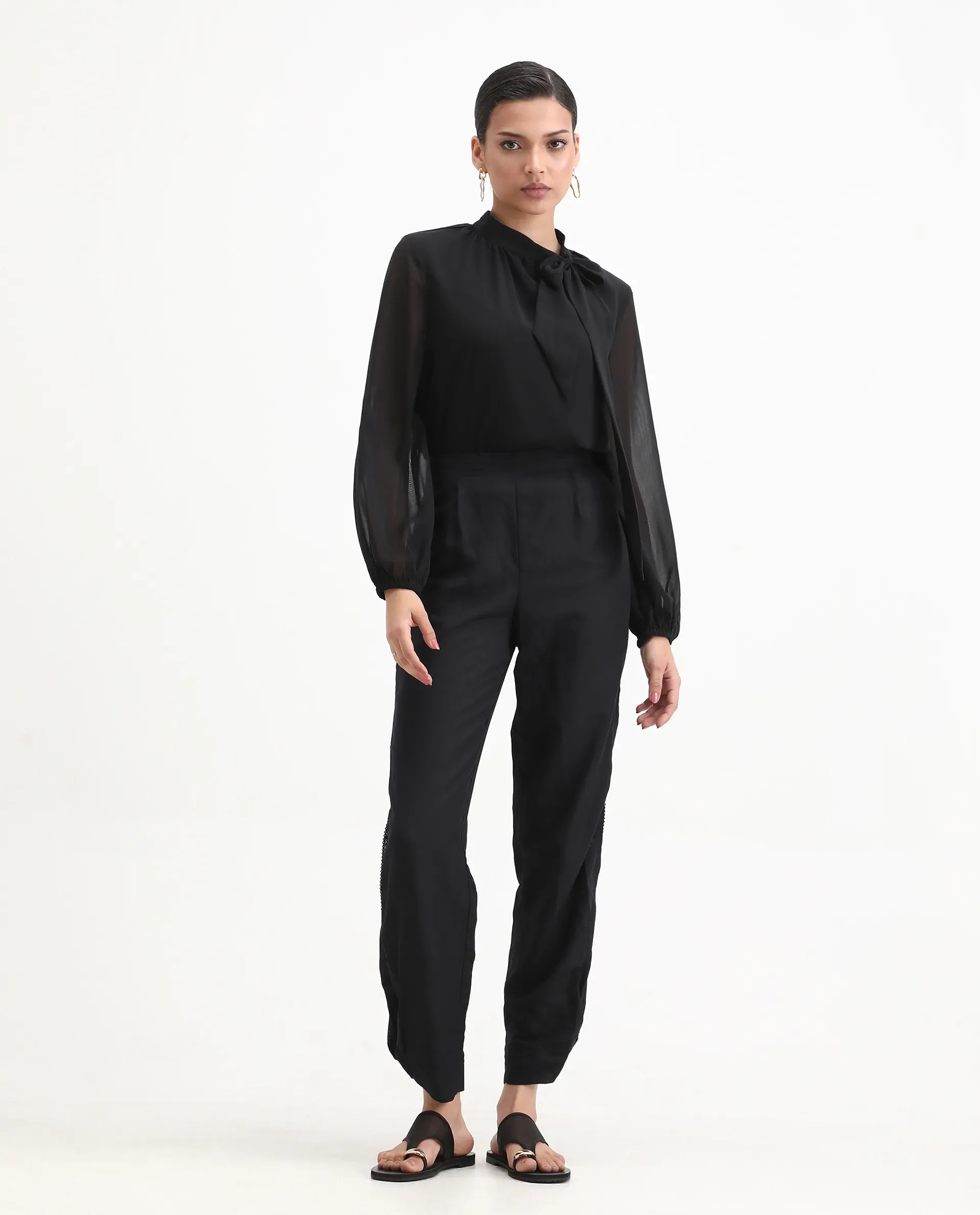 Rareism Women's Erin Black Cotton Linen Plain Ankle Length Tailored Trouser - Image 4