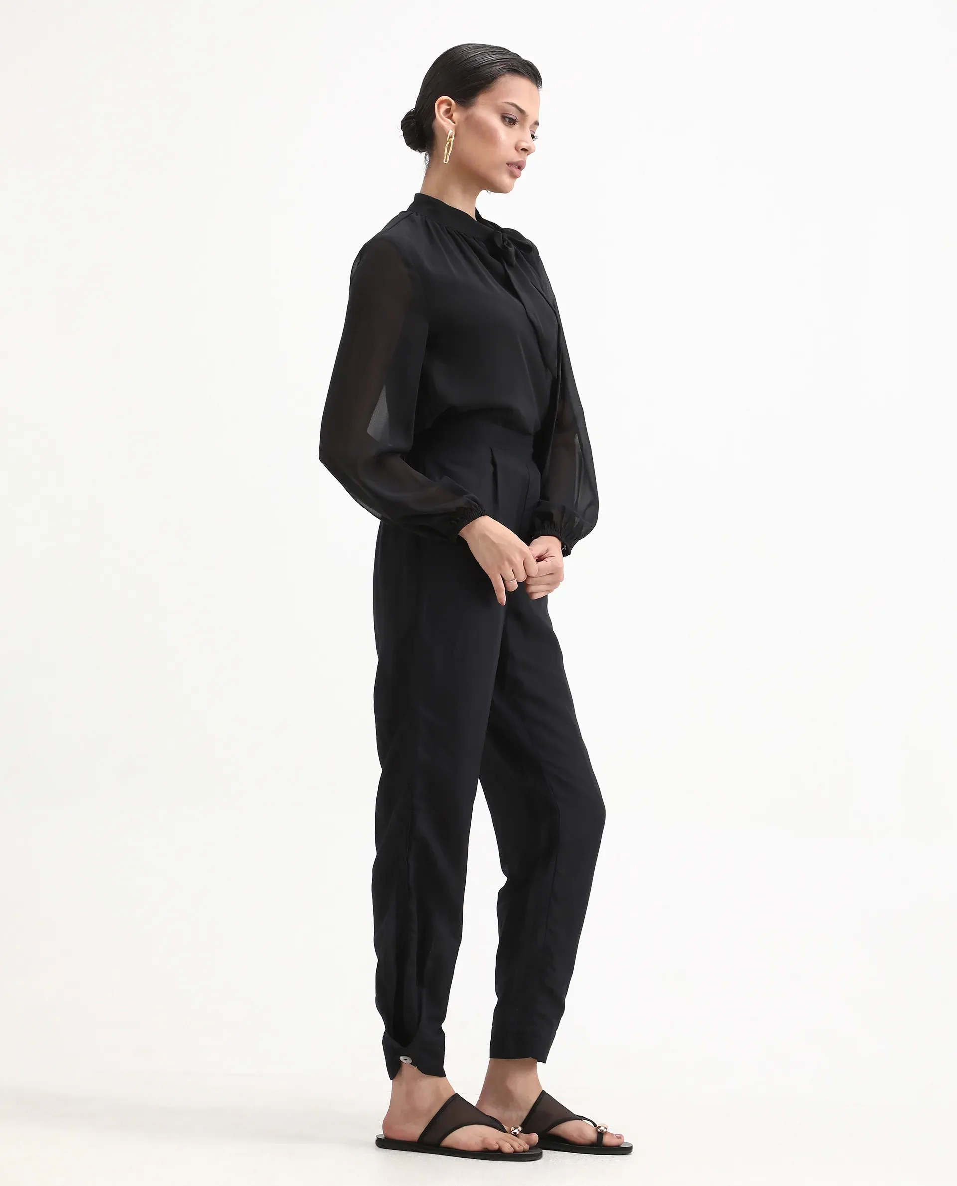 Rareism Women's Erin Black Cotton Linen Plain Ankle Length Tailored Trouser - Image 5