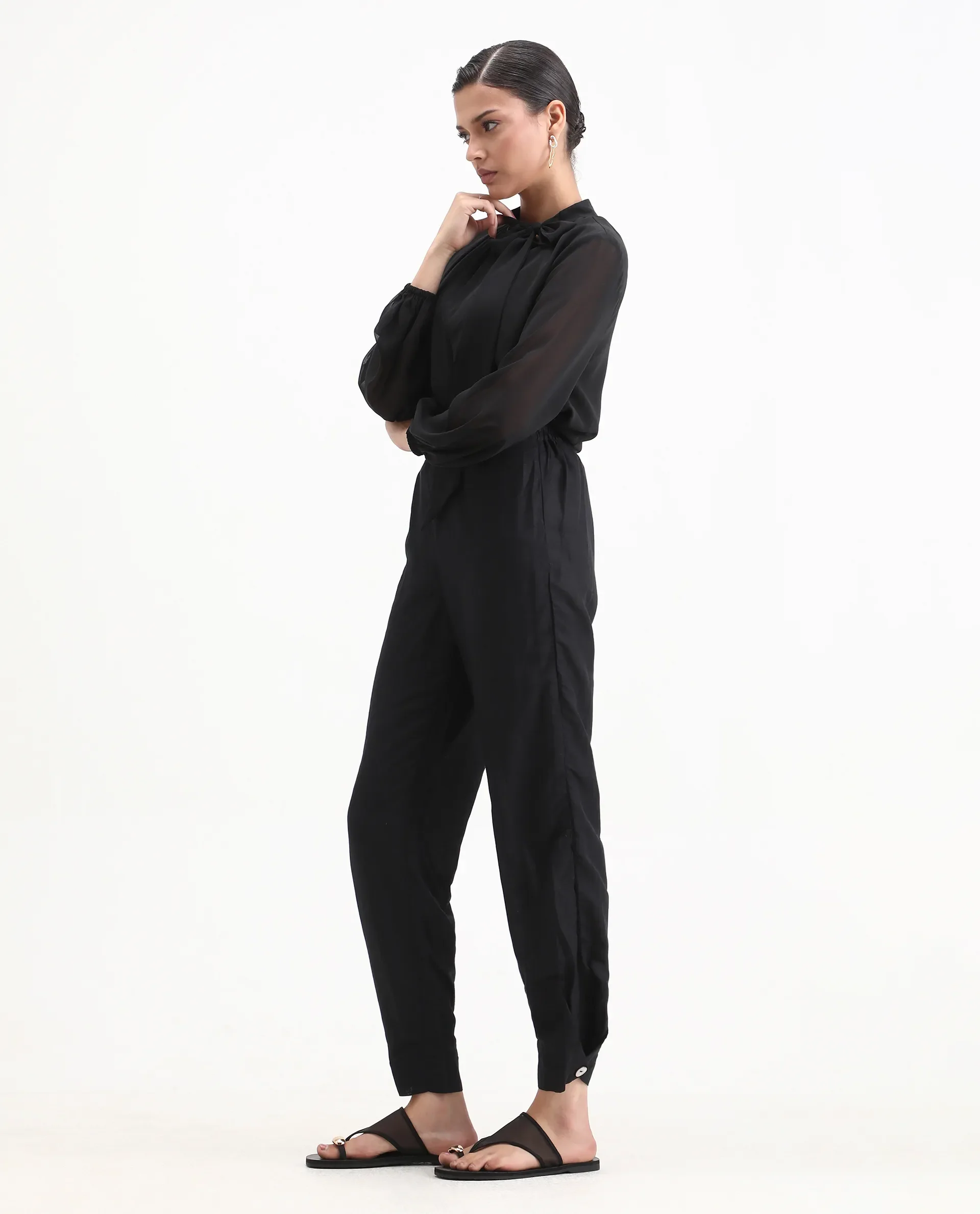 Rareism Women's Erin Black Cotton Linen Plain Ankle Length Tailored Trouser - Image 6
