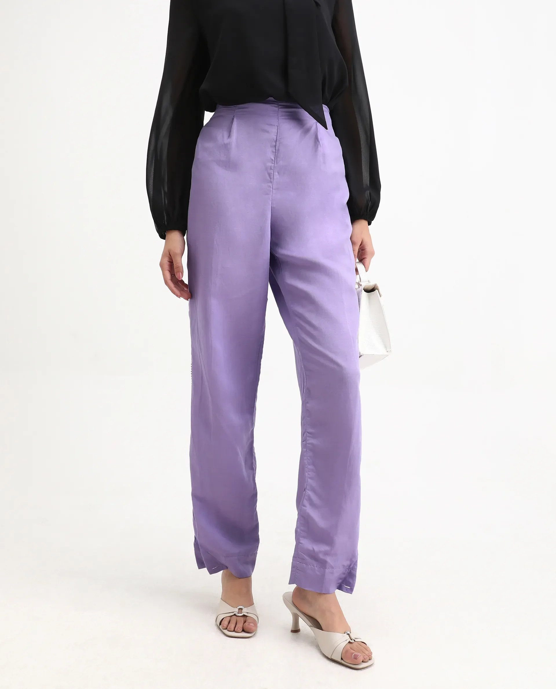 Rareism Women's Erin Purple Cotton Linen Plain Ankle Length Tailored Trouser - Image 2