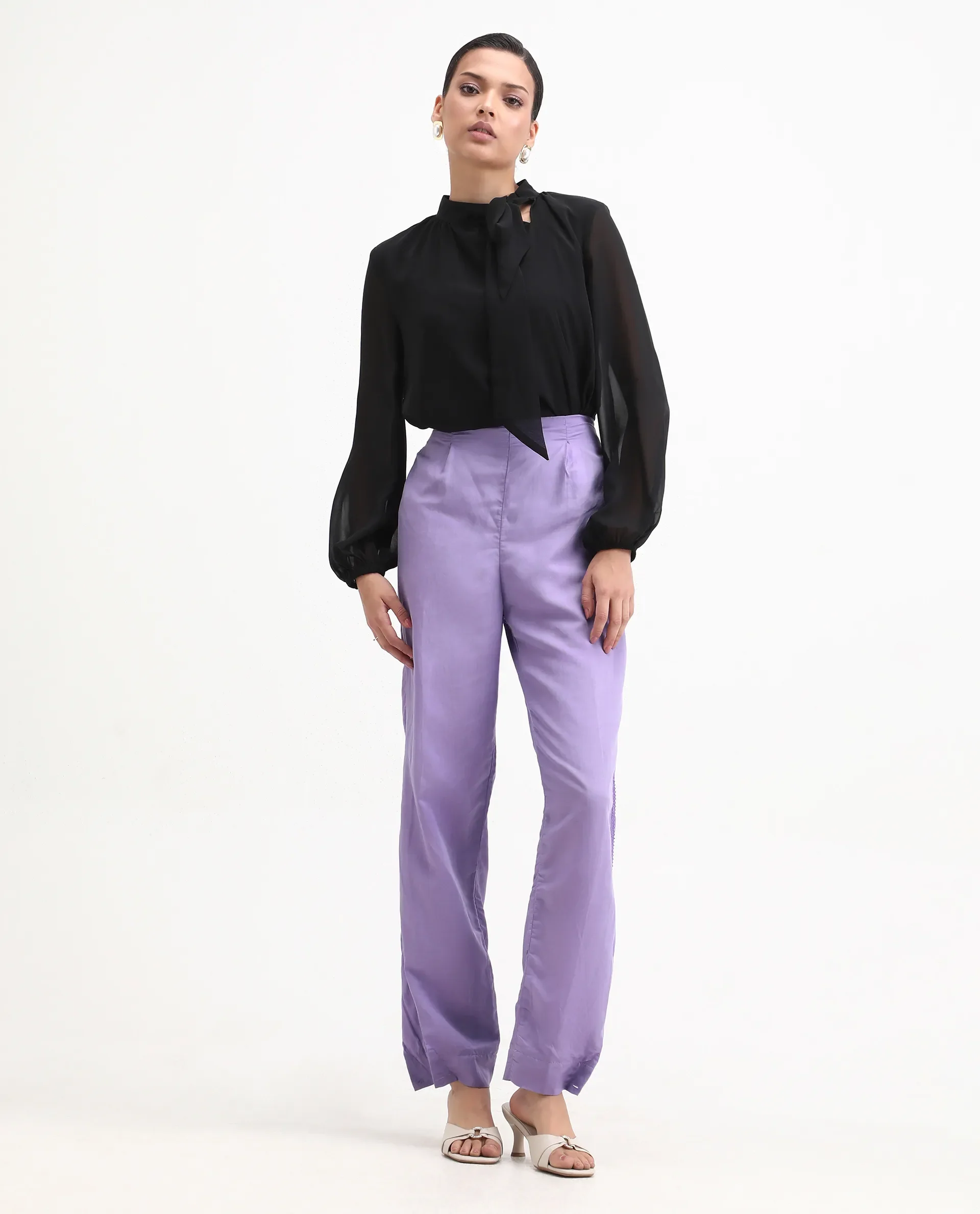 Rareism Women's Erin Purple Cotton Linen Plain Ankle Length Tailored Trouser - Image 4