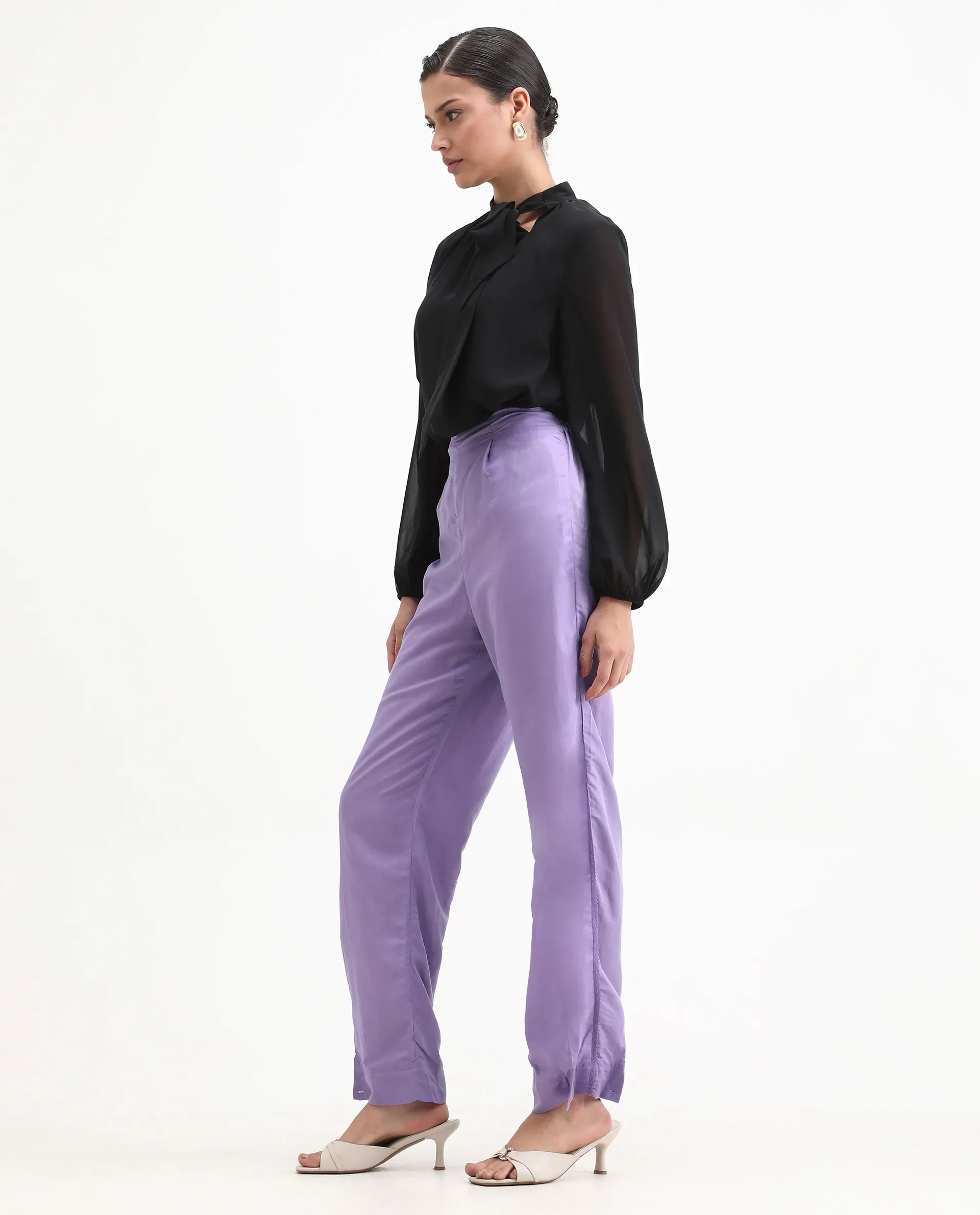 Rareism Women's Erin Purple Cotton Linen Plain Ankle Length Tailored Trouser - Image 5