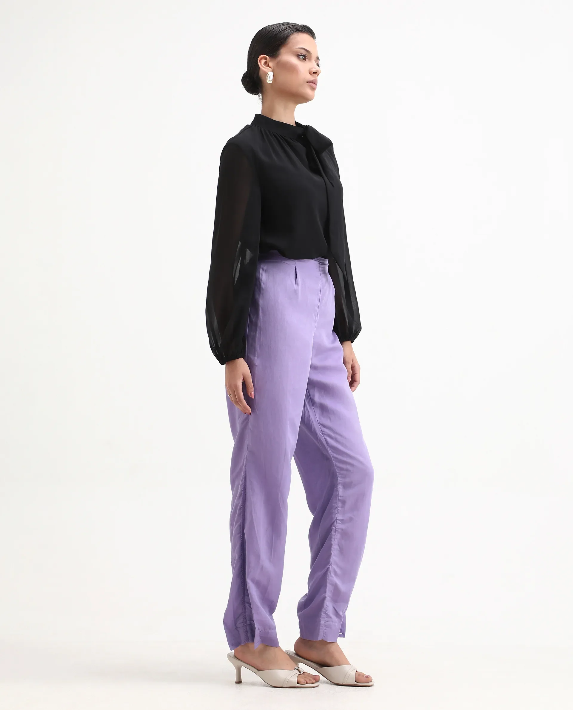 Rareism Women's Erin Purple Cotton Linen Plain Ankle Length Tailored Trouser - Image 6
