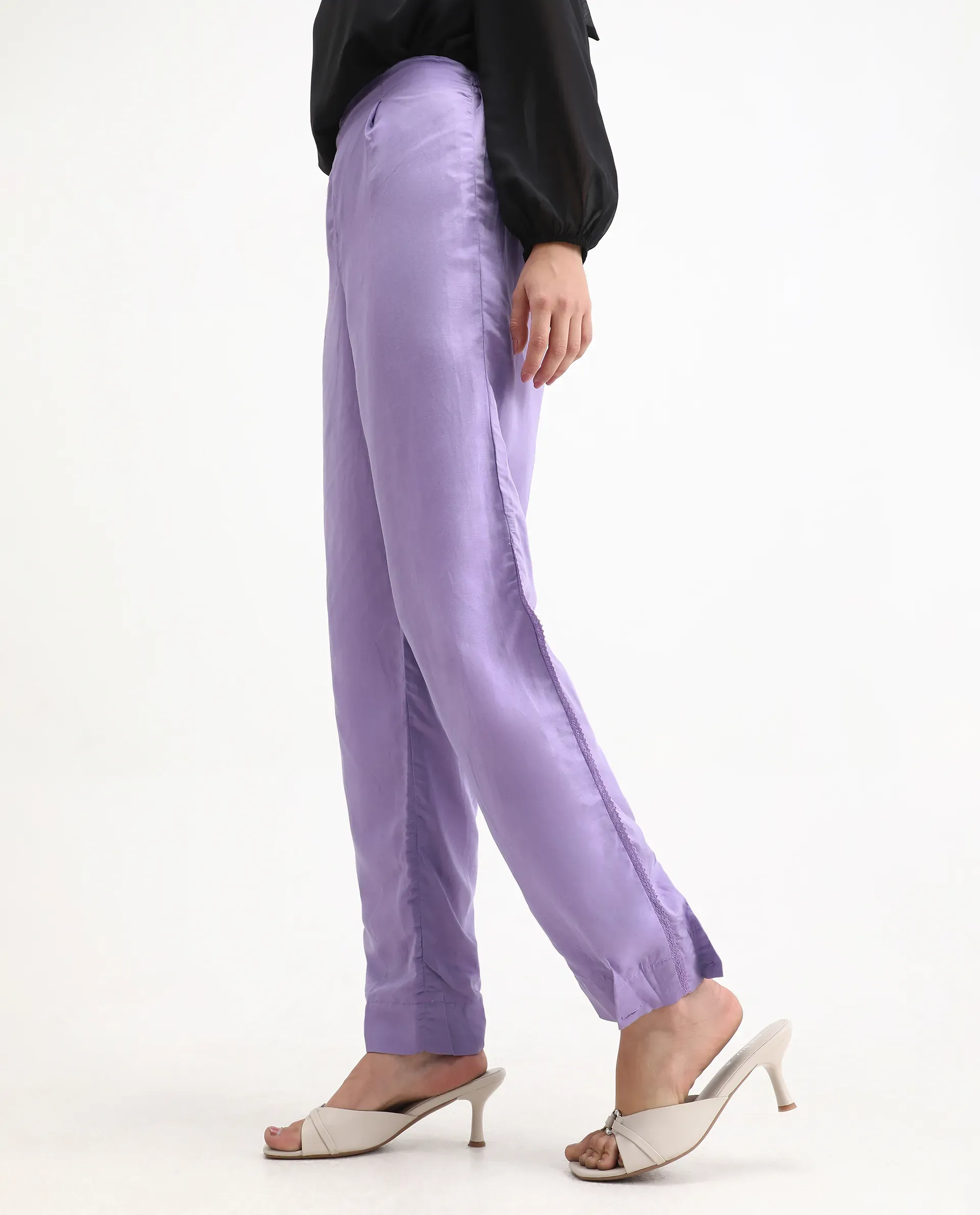 Rareism Women's Erin Purple Cotton Linen Plain Ankle Length Tailored Trouser - Image 7