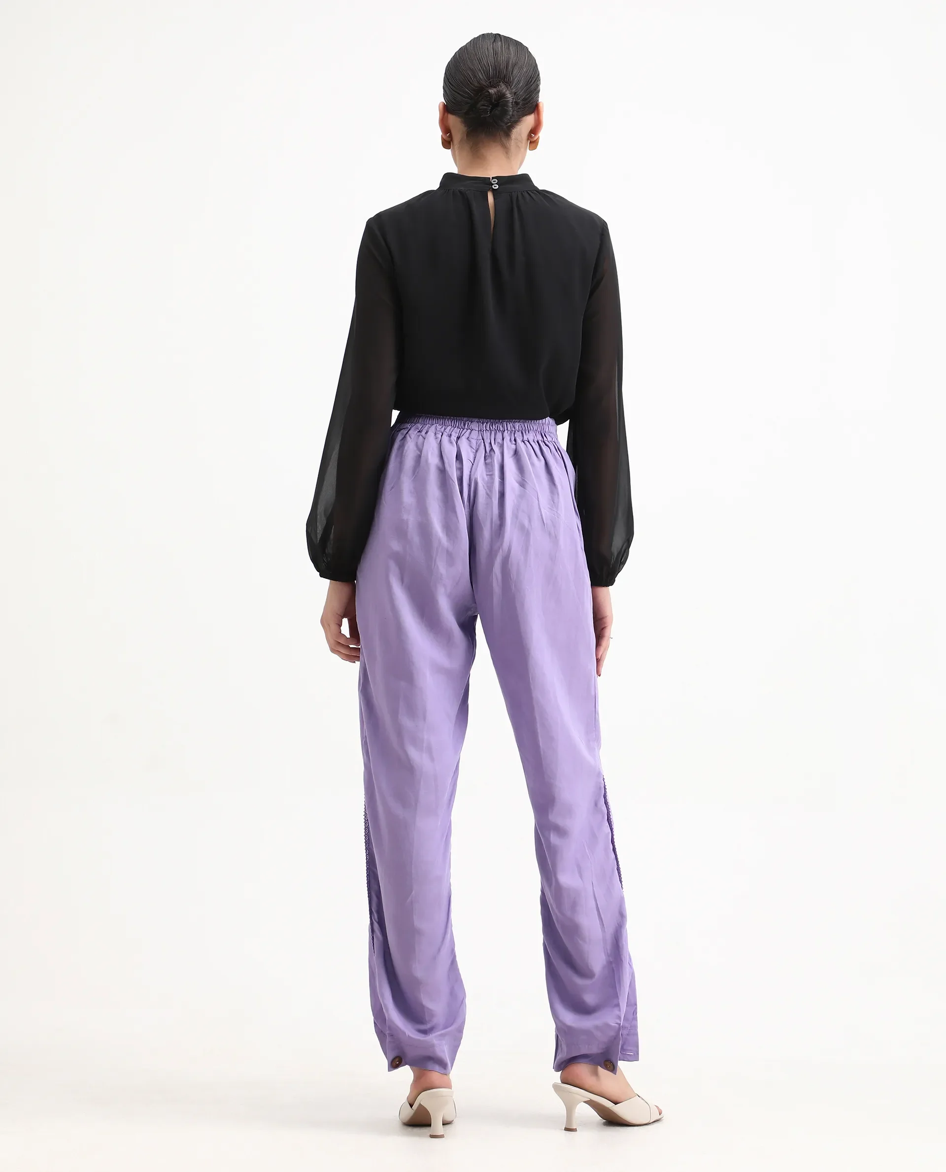 Rareism Women's Erin Purple Cotton Linen Plain Ankle Length Tailored Trouser - Image 8
