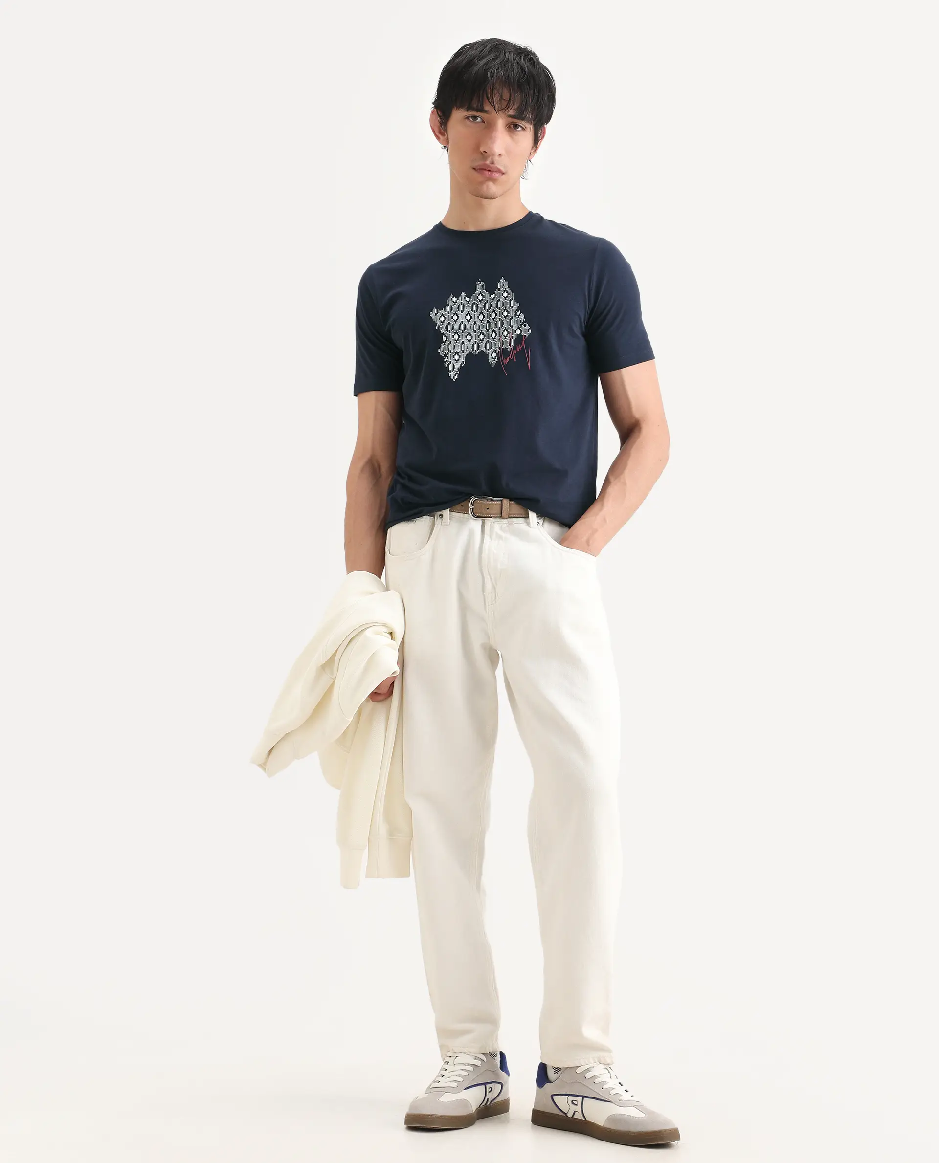 Rare Rabbit Men's Erine Navy Cotton Blend Fabric Half Sleeve Crew Neck Regular Fit Graphic Print T-Shirt - Image 2