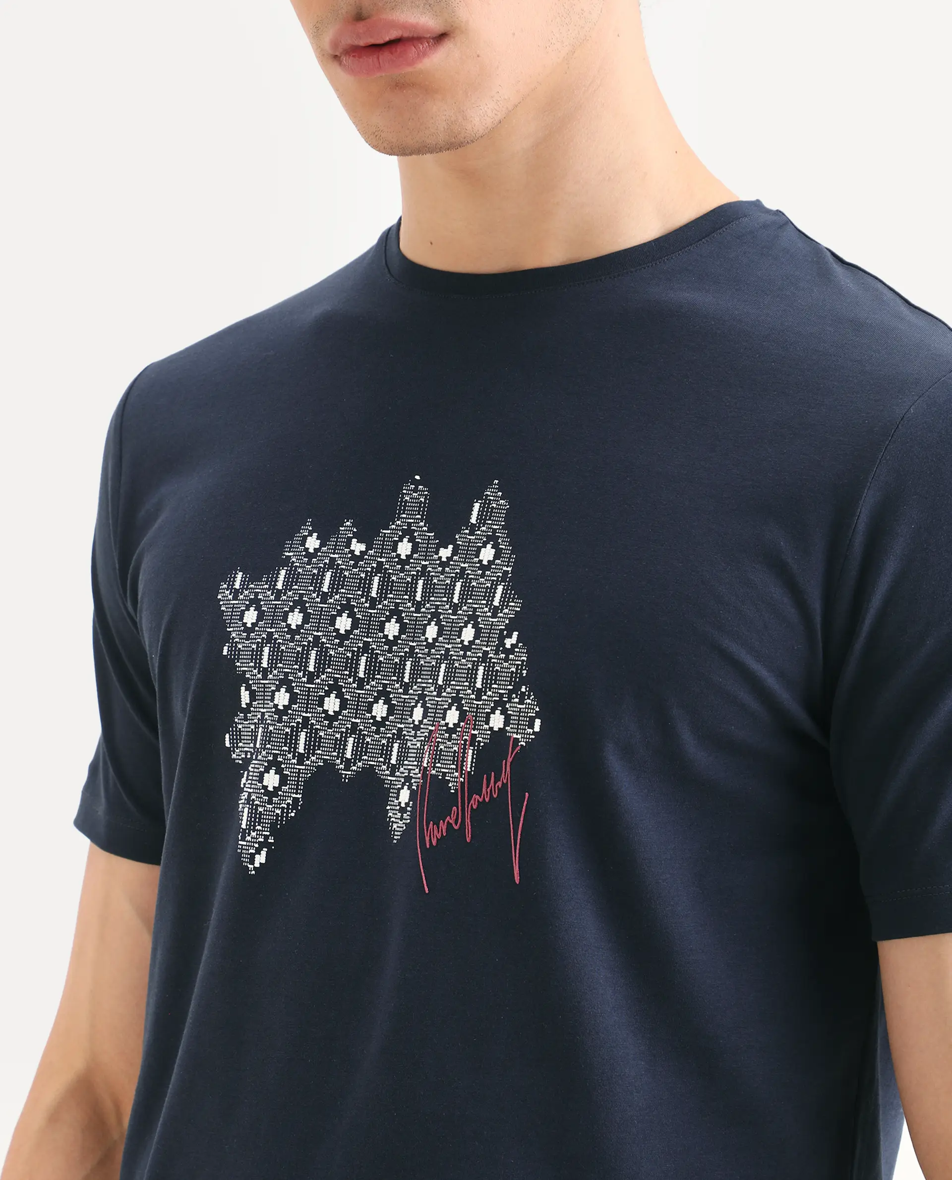Rare Rabbit Men's Erine Navy Cotton Blend Fabric Half Sleeve Crew Neck Regular Fit Graphic Print T-Shirt - Image 3