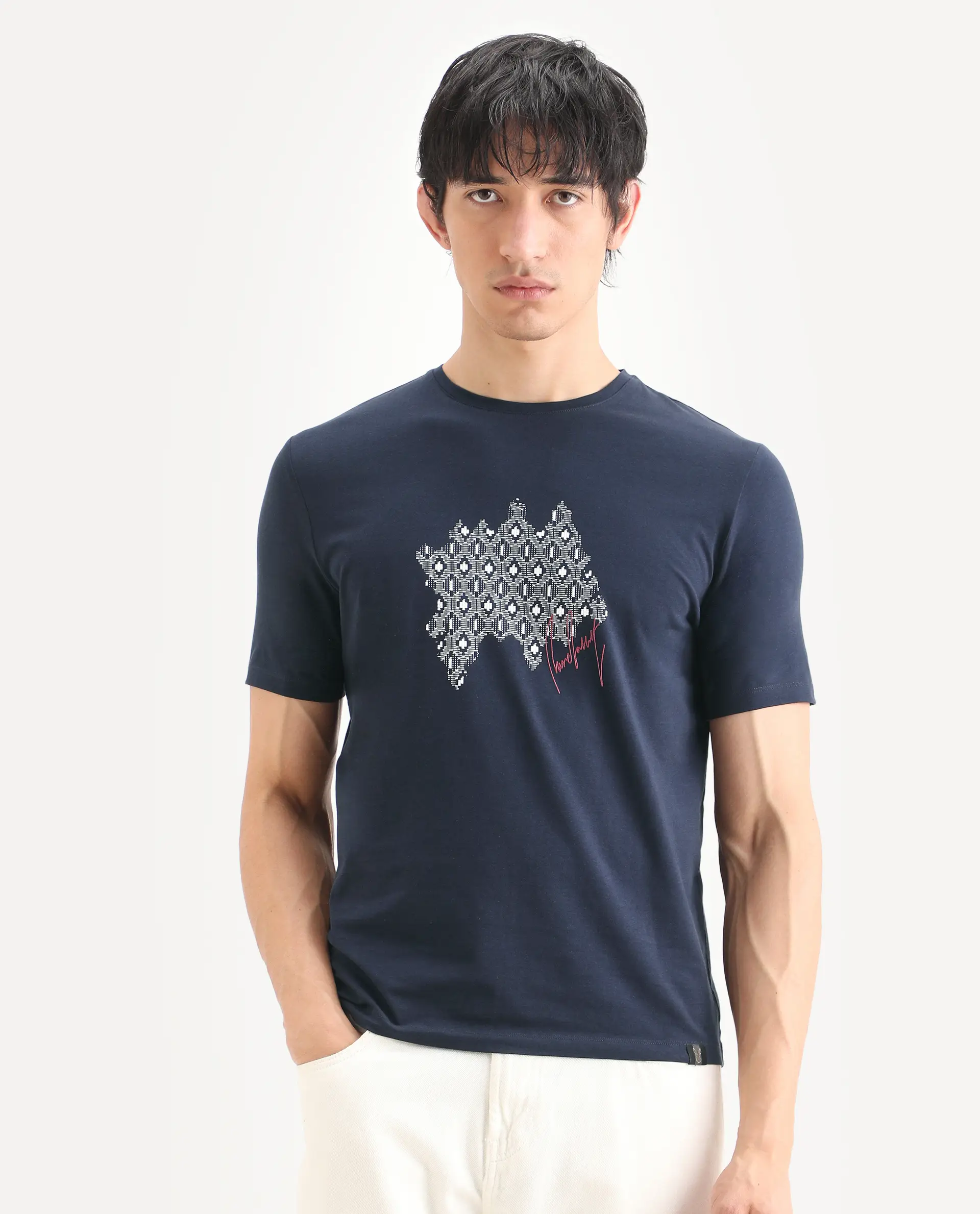 Rare Rabbit Men's Erine Navy Cotton Blend Fabric Half Sleeve Crew Neck Regular Fit Graphic Print T-Shirt - Image 4