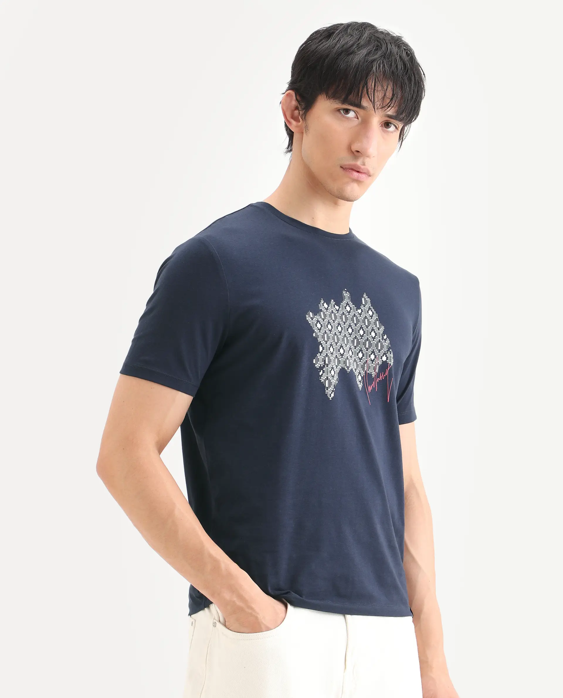 Rare Rabbit Men's Erine Navy Cotton Blend Fabric Half Sleeve Crew Neck Regular Fit Graphic Print T-Shirt - Image 5