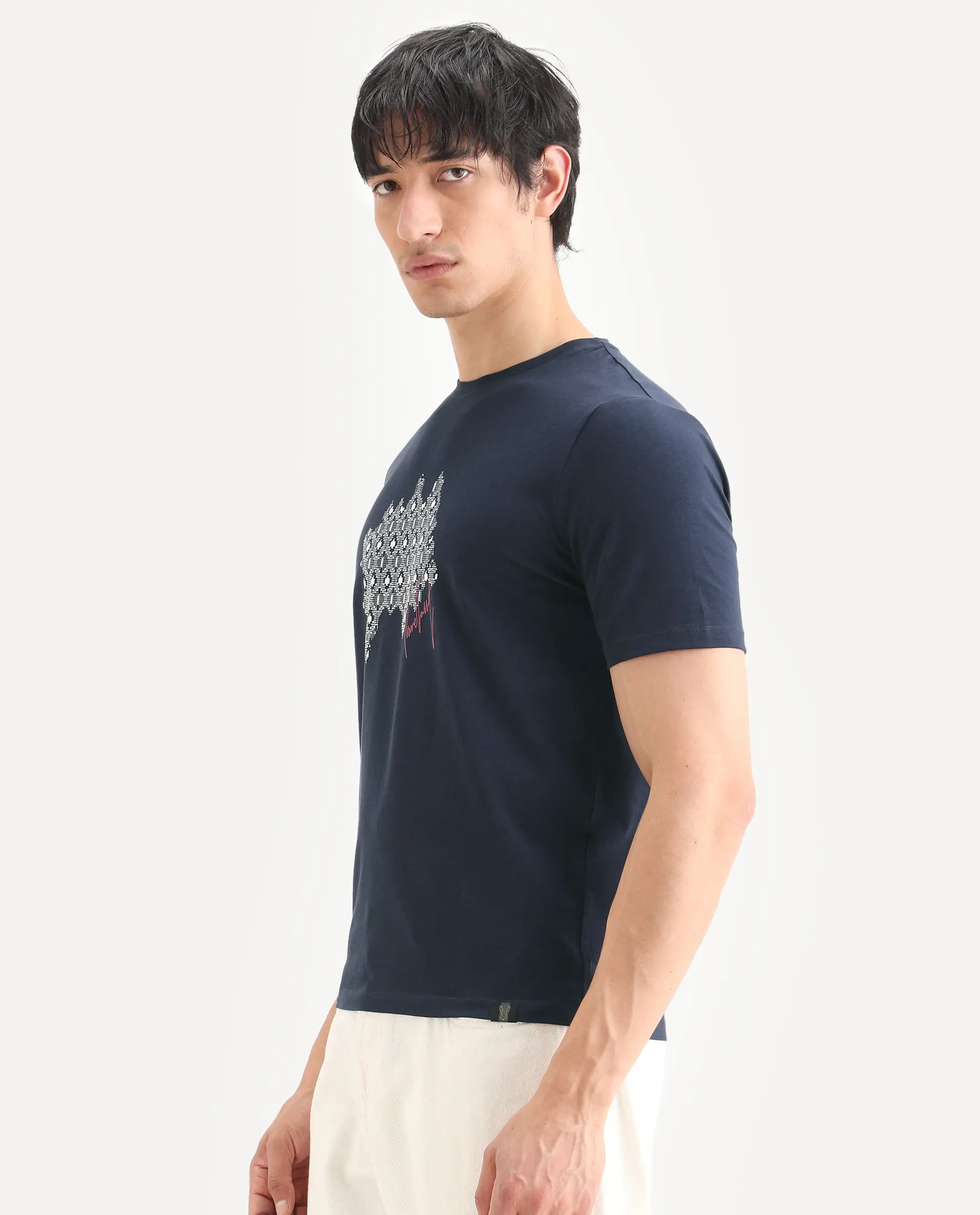 Rare Rabbit Men's Erine Navy Cotton Blend Fabric Half Sleeve Crew Neck Regular Fit Graphic Print T-Shirt - Image 6