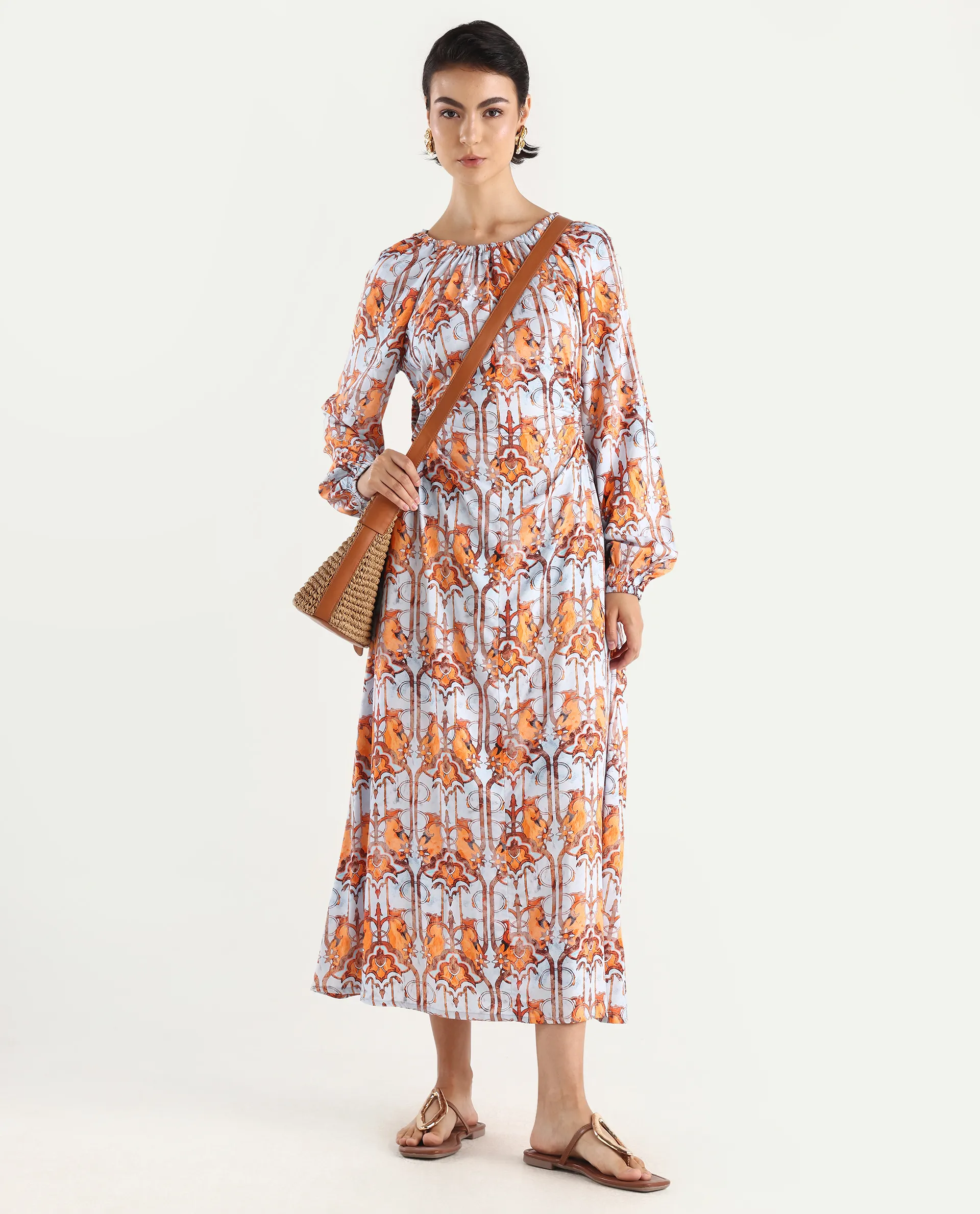 Rareism Women's Eritra Light Multi Viscose Crew Neck Abstract Print Puff Sleeves Maxi A-Line Dress