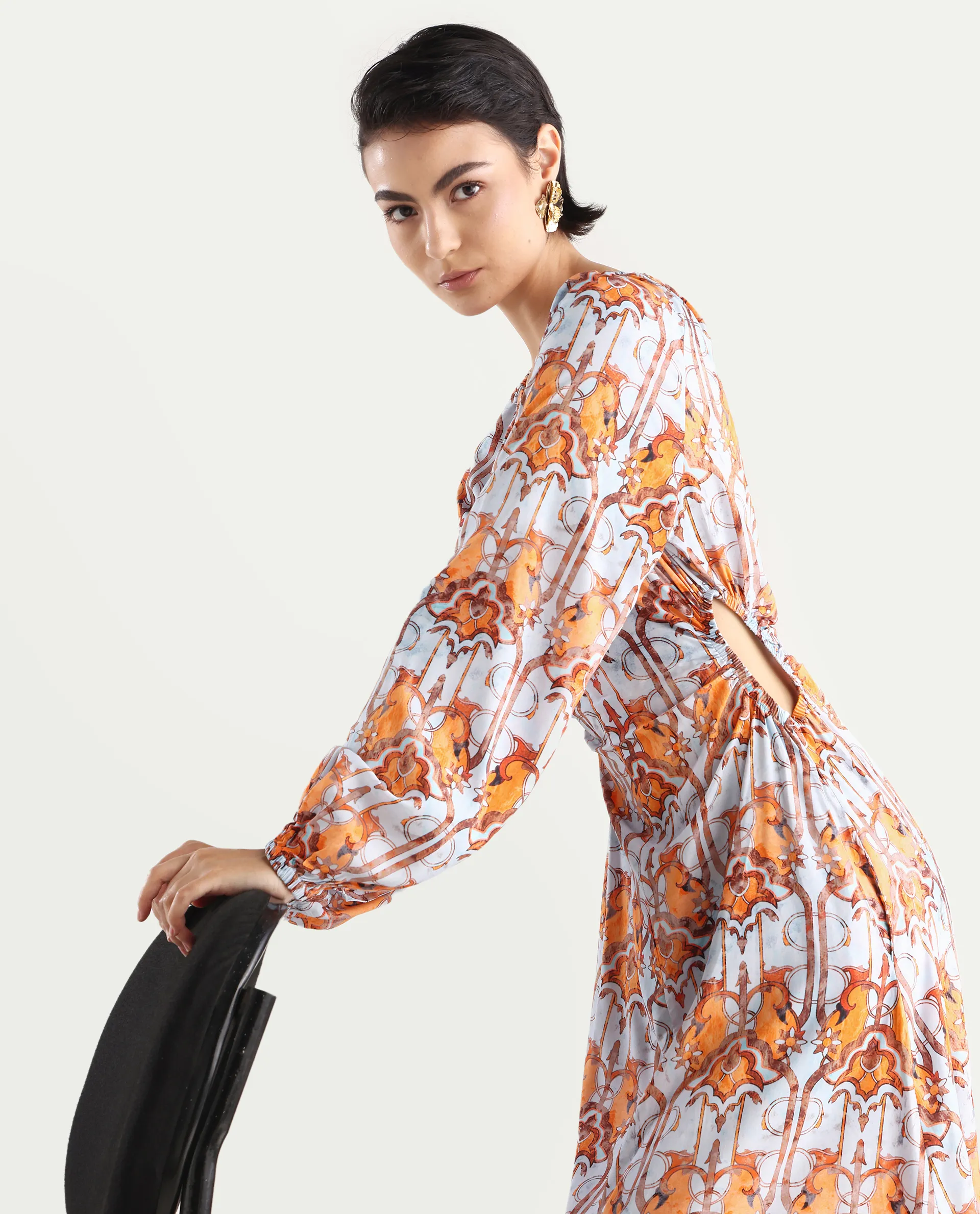 Rareism Women's Eritra Light Multi Viscose Crew Neck Abstract Print Puff Sleeves Maxi A-Line Dress - Image 2