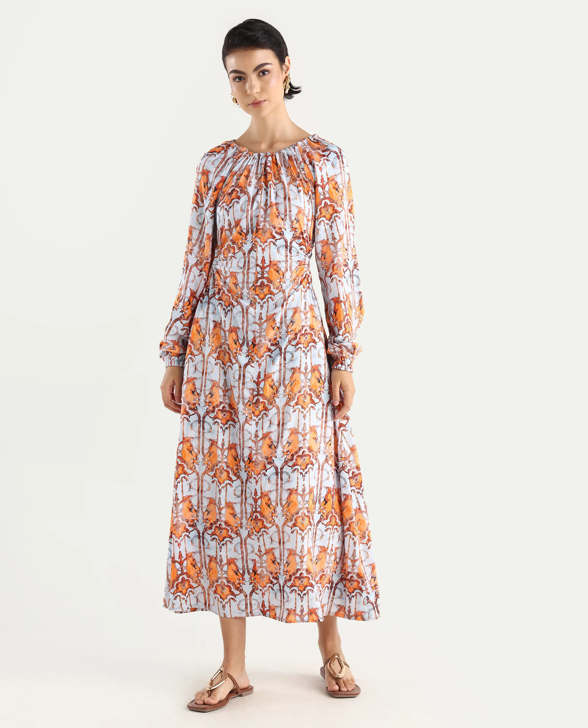 Rareism Women's Eritra Light Multi Viscose Crew Neck Abstract Print Puff Sleeves Maxi A-Line Dress - Image 3
