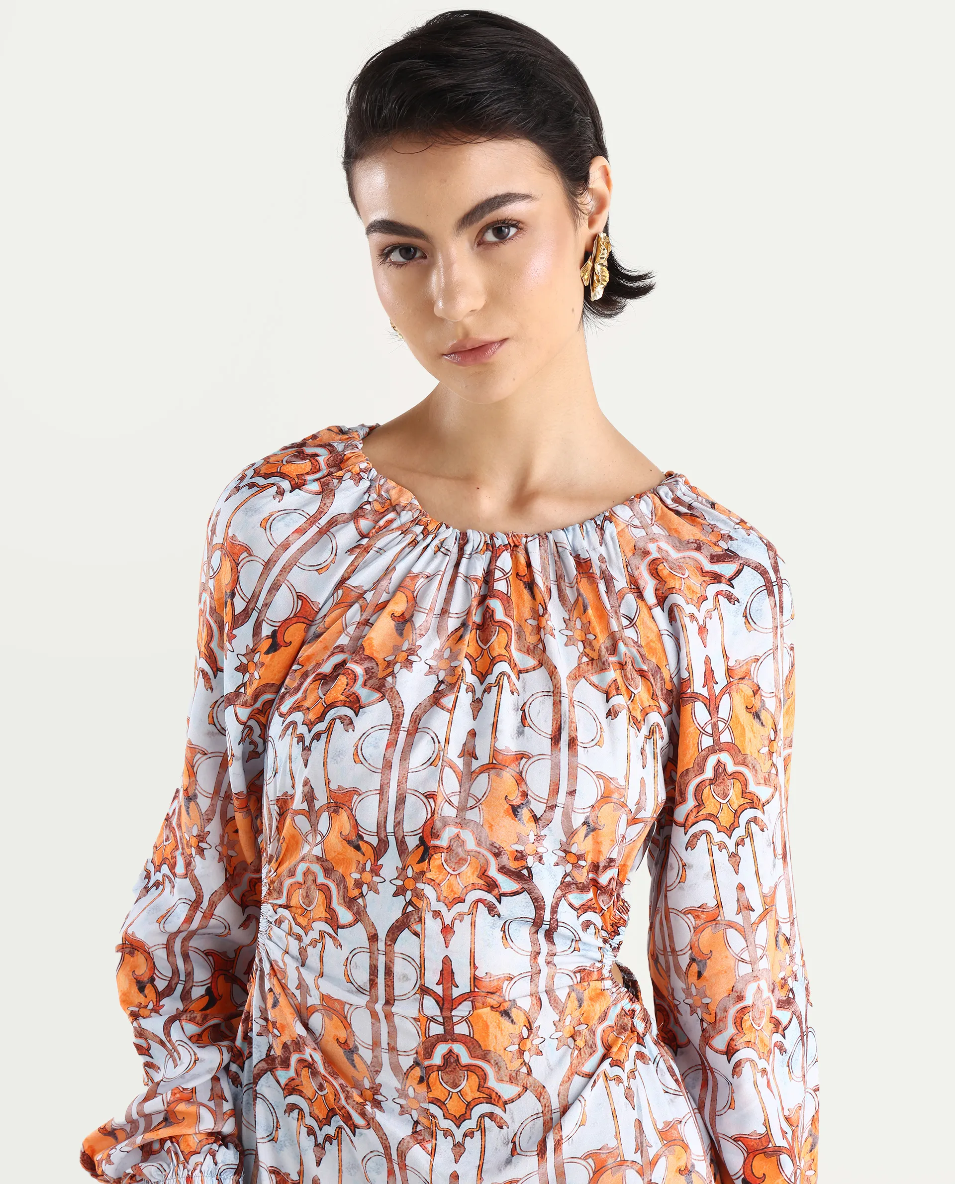 Rareism Women's Eritra Light Multi Viscose Crew Neck Abstract Print Puff Sleeves Maxi A-Line Dress - Image 4