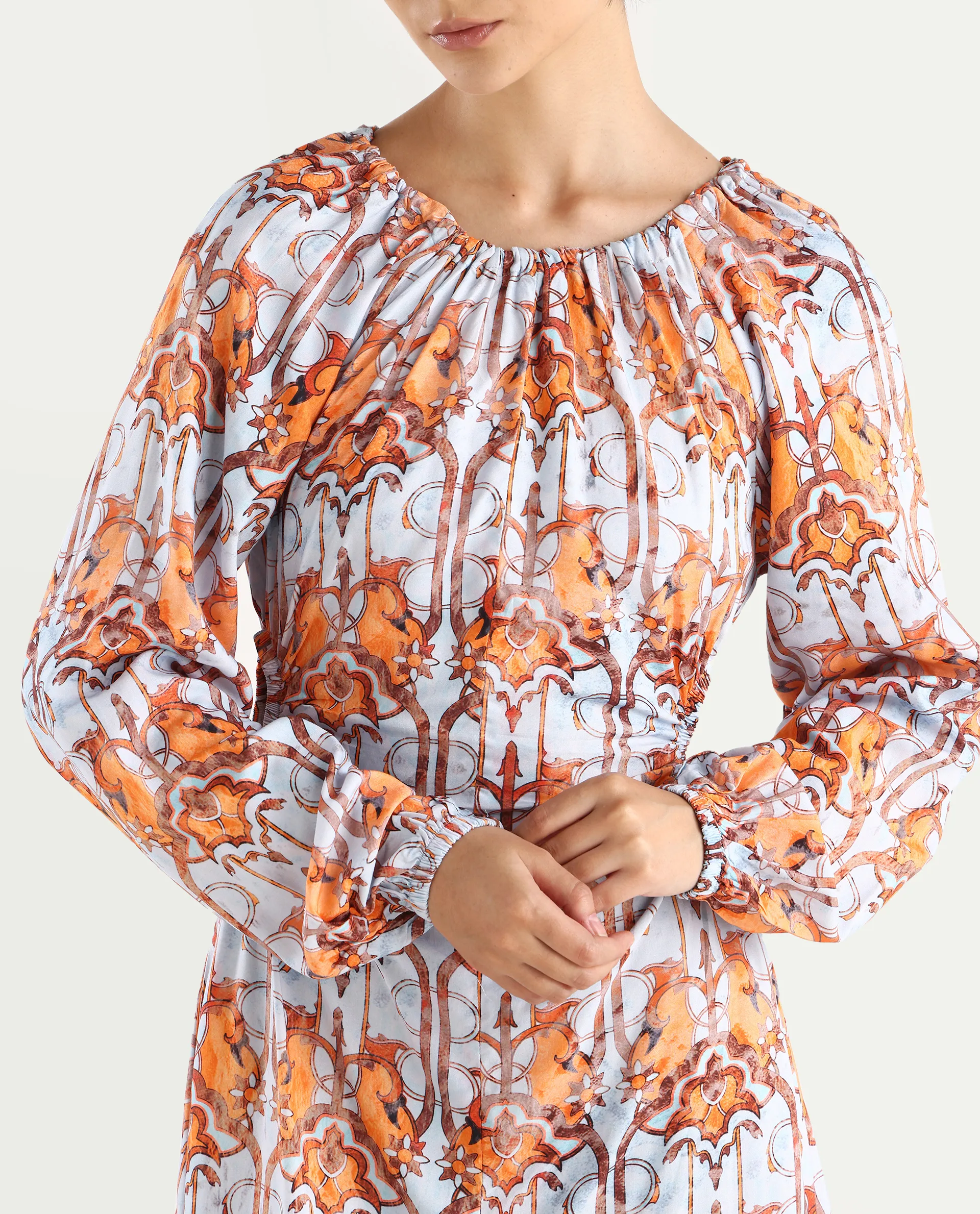 Rareism Women's Eritra Light Multi Viscose Crew Neck Abstract Print Puff Sleeves Maxi A-Line Dress - Image 5
