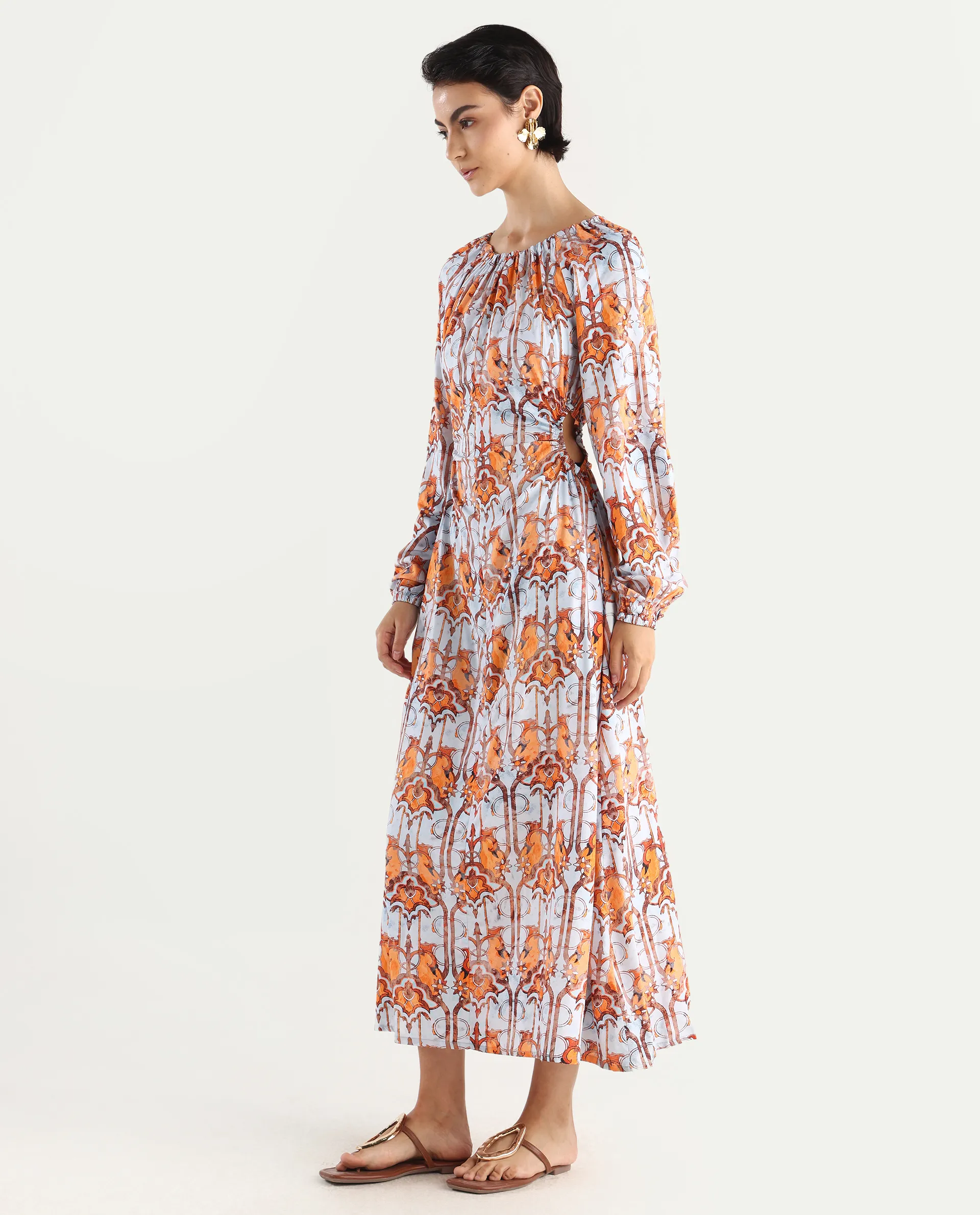Rareism Women's Eritra Light Multi Viscose Crew Neck Abstract Print Puff Sleeves Maxi A-Line Dress - Image 6
