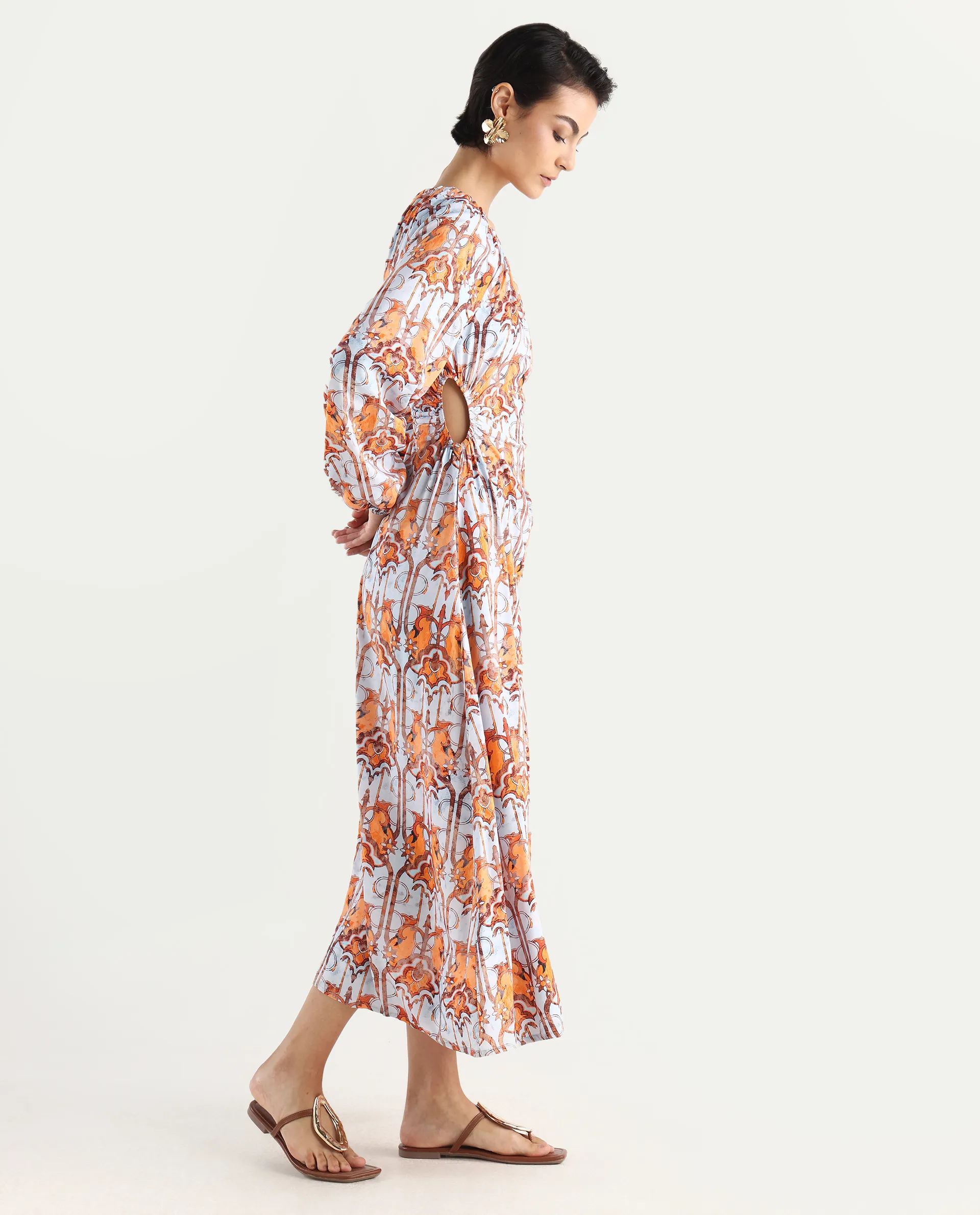 Rareism Women's Eritra Light Multi Viscose Crew Neck Abstract Print Puff Sleeves Maxi A-Line Dress - Image 7