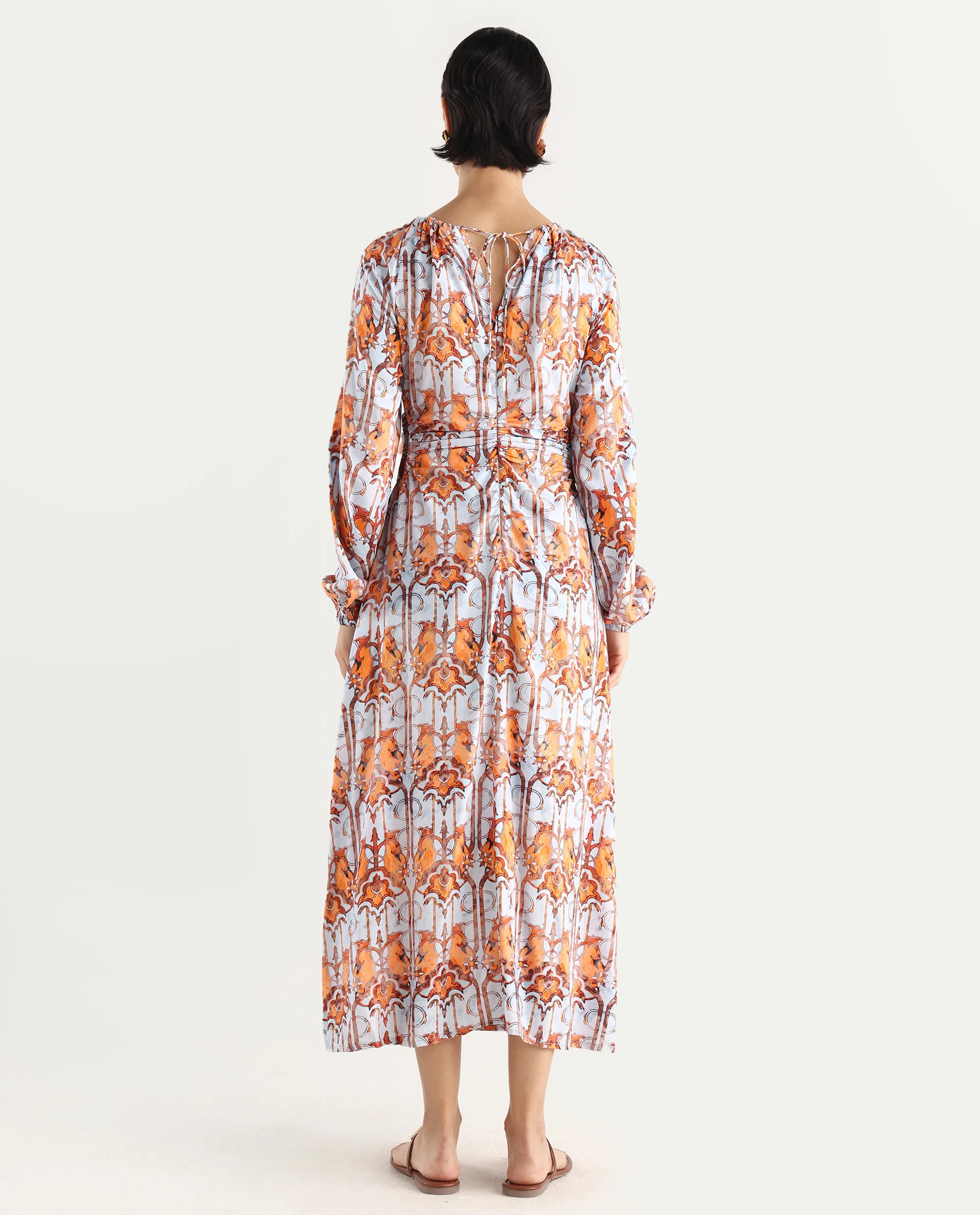 Rareism Women's Eritra Light Multi Viscose Crew Neck Abstract Print Puff Sleeves Maxi A-Line Dress - Image 8