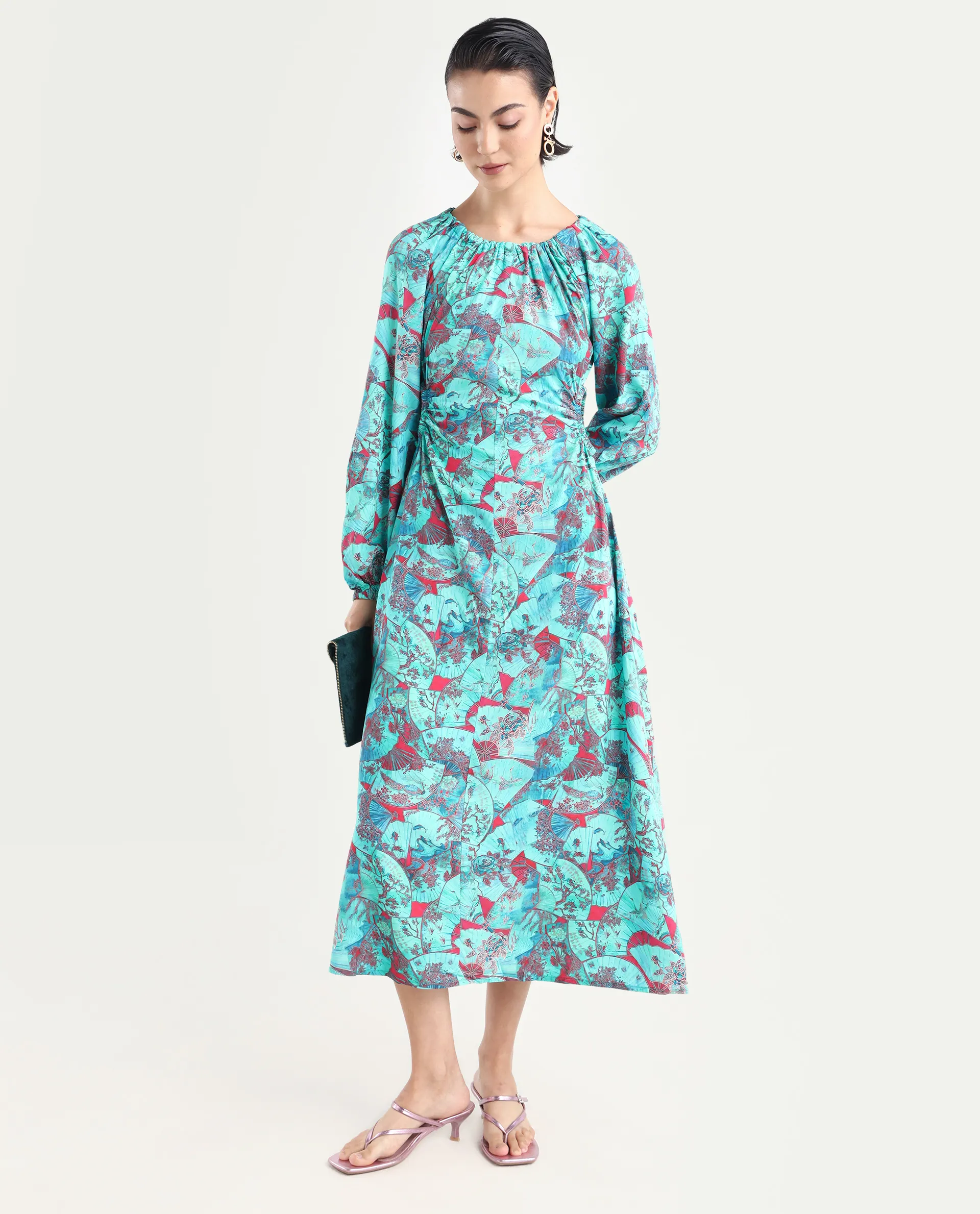 Rareism Women's Viscose Crew Neck Abstract Print Puff Sleeves Maxi A-Line Dress - Image 2