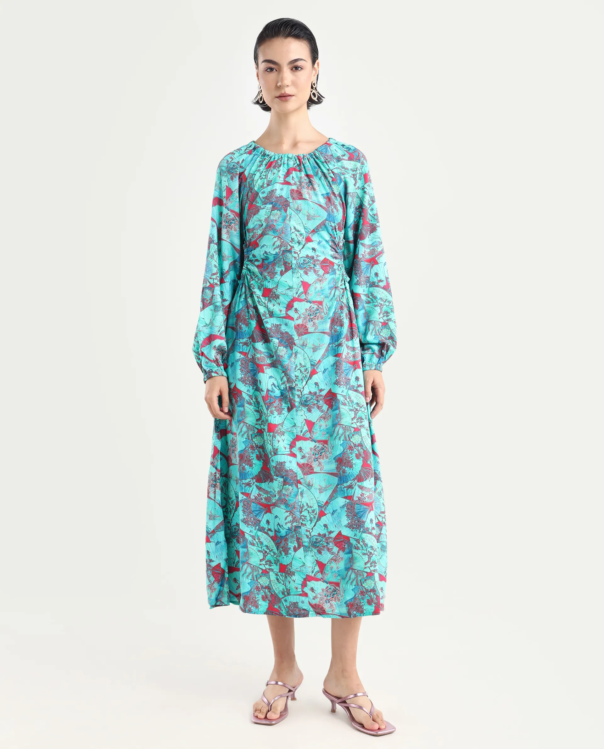 Rareism Women's Viscose Crew Neck Abstract Print Puff Sleeves Maxi A-Line Dress - Image 3