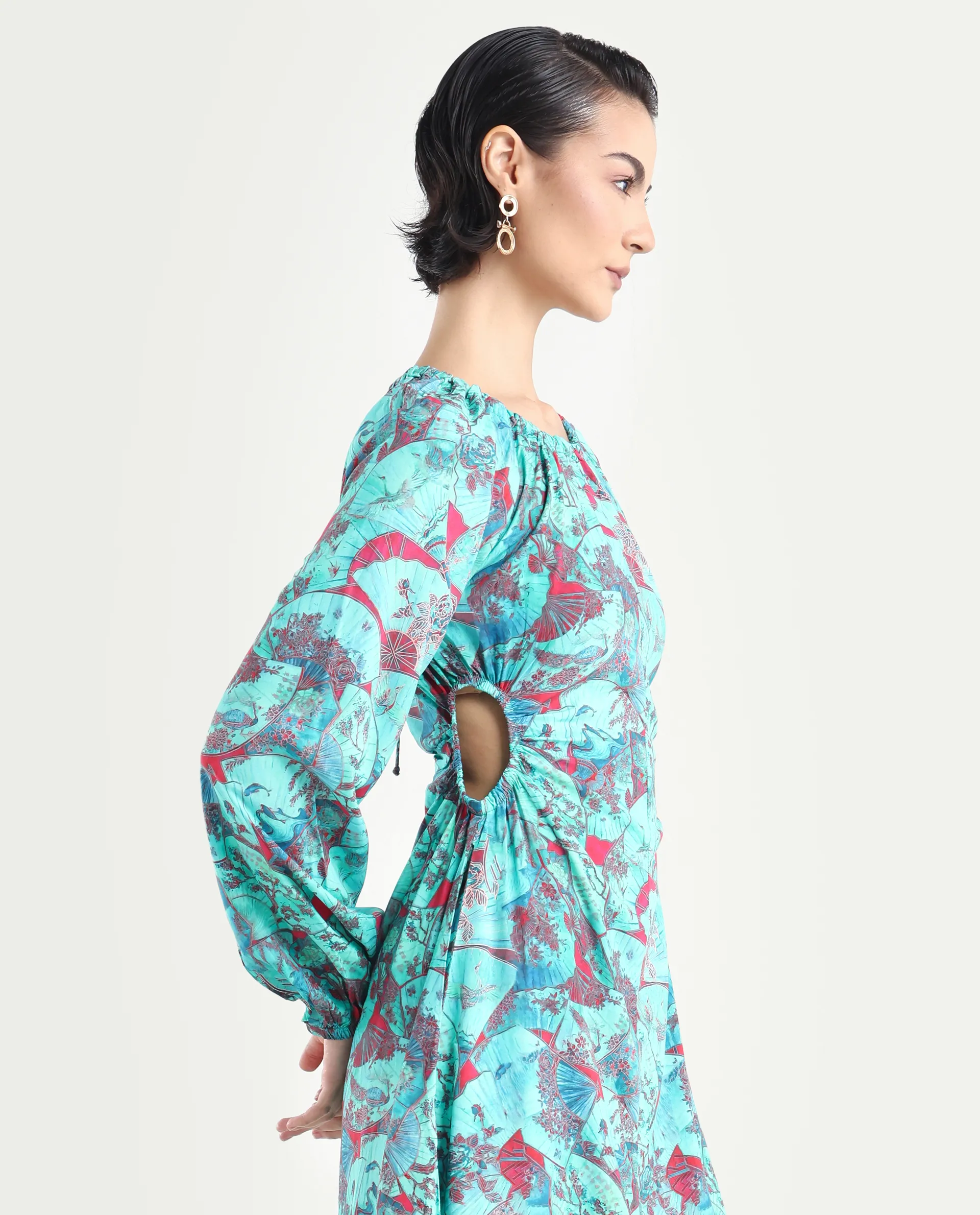 Rareism Women's Viscose Crew Neck Abstract Print Puff Sleeves Maxi A-Line Dress - Image 4