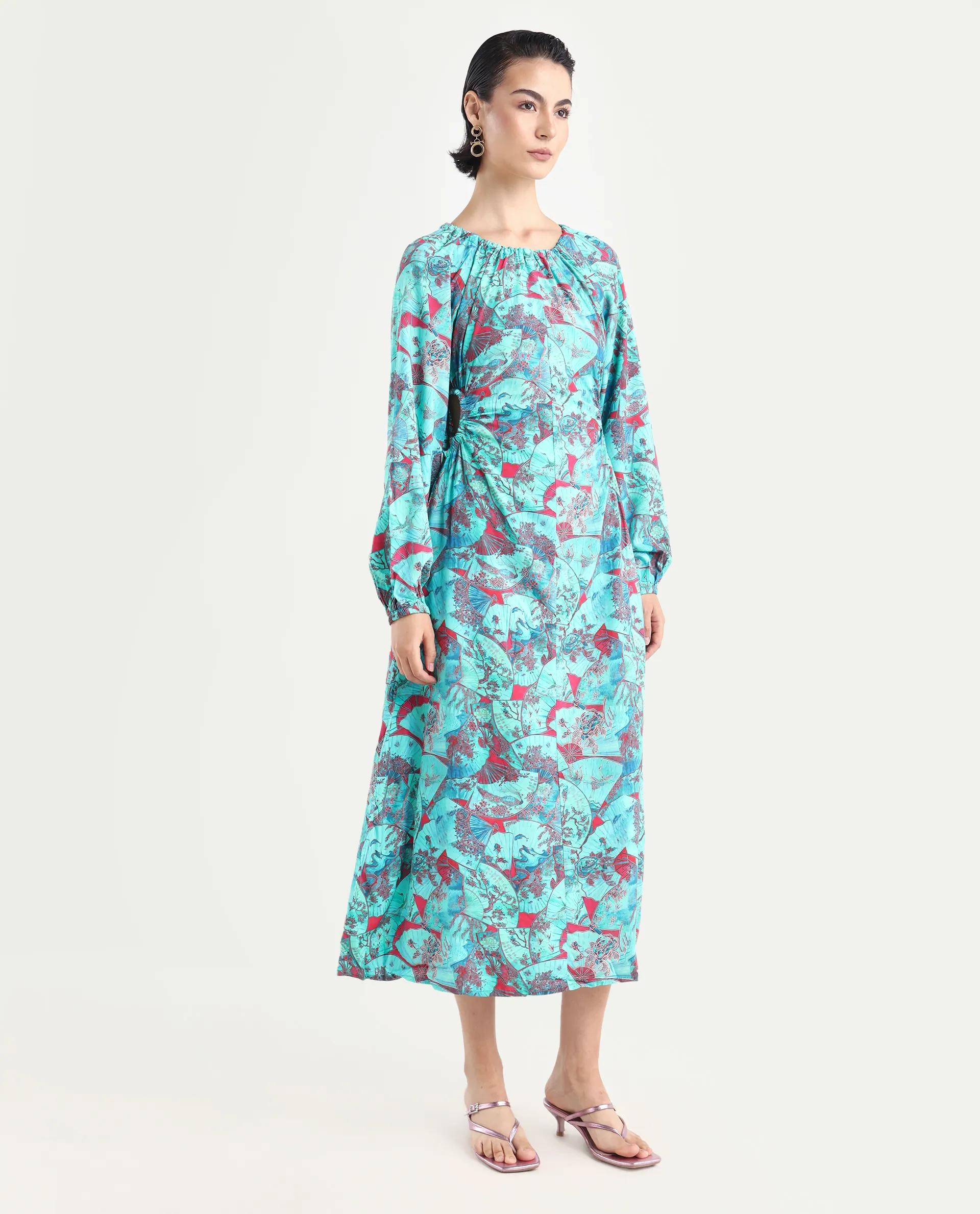 Rareism Women's Viscose Crew Neck Abstract Print Puff Sleeves Maxi A-Line Dress - Image 5