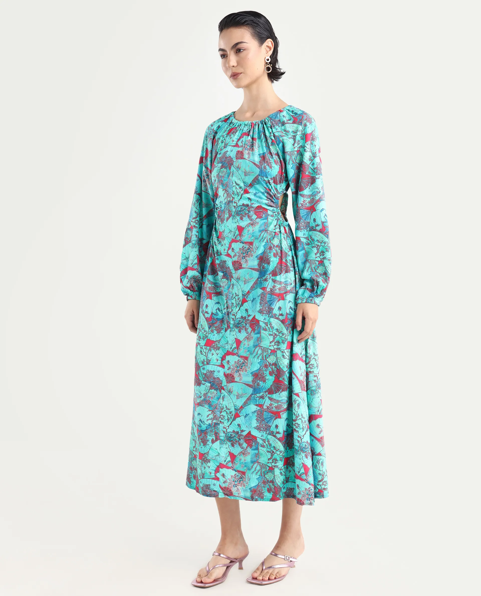Rareism Women's Viscose Crew Neck Abstract Print Puff Sleeves Maxi A-Line Dress - Image 6