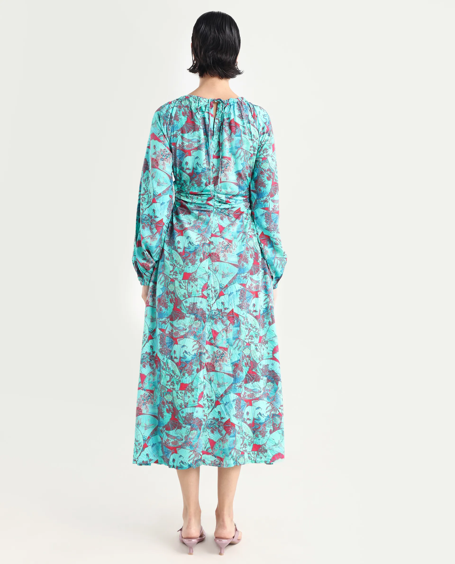 Rareism Women's Viscose Crew Neck Abstract Print Puff Sleeves Maxi A-Line Dress - Image 7