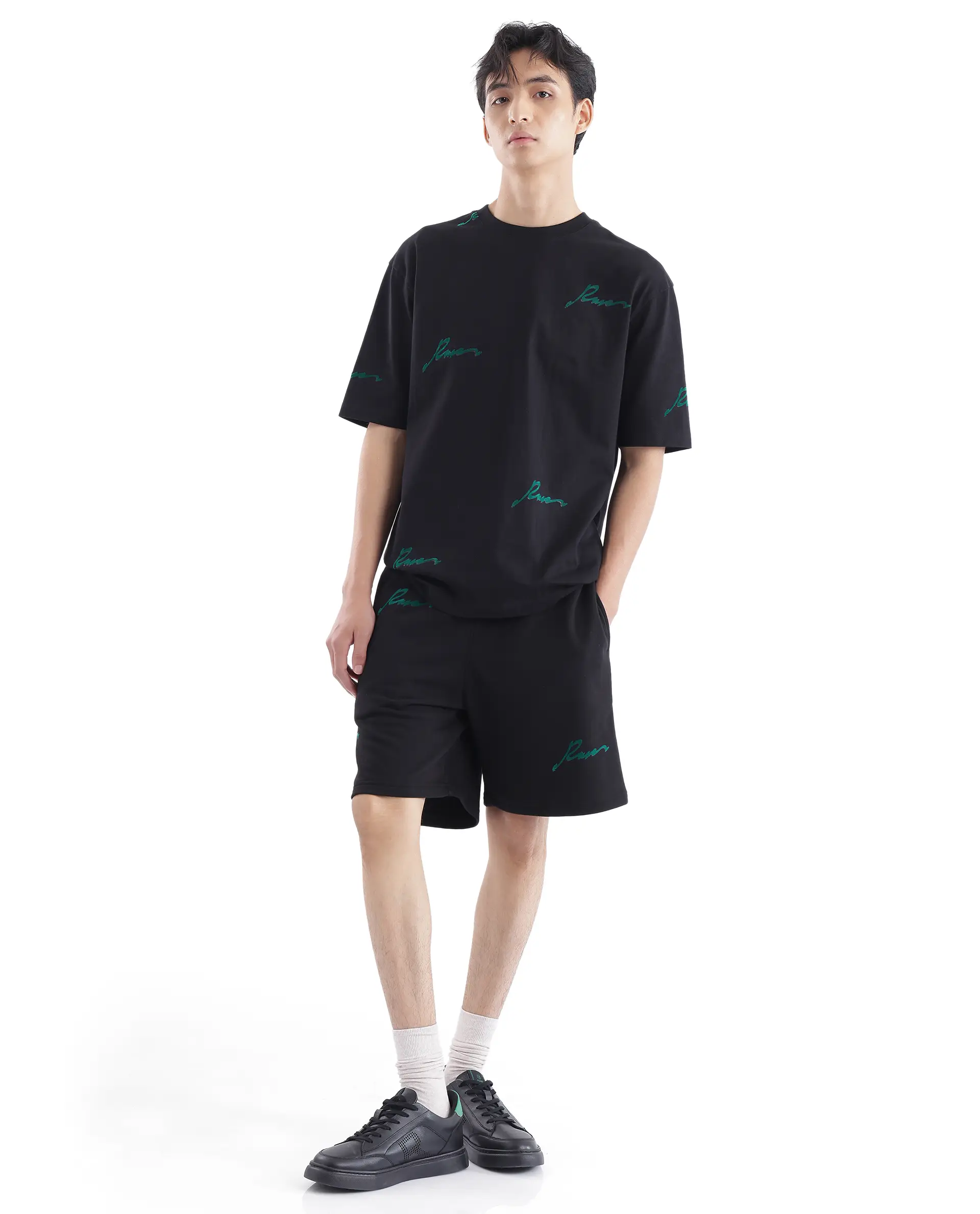 Rare Rabbit Men's Erken-B Black Cotton Typography Print Oversized Fit Shorts - Image 2