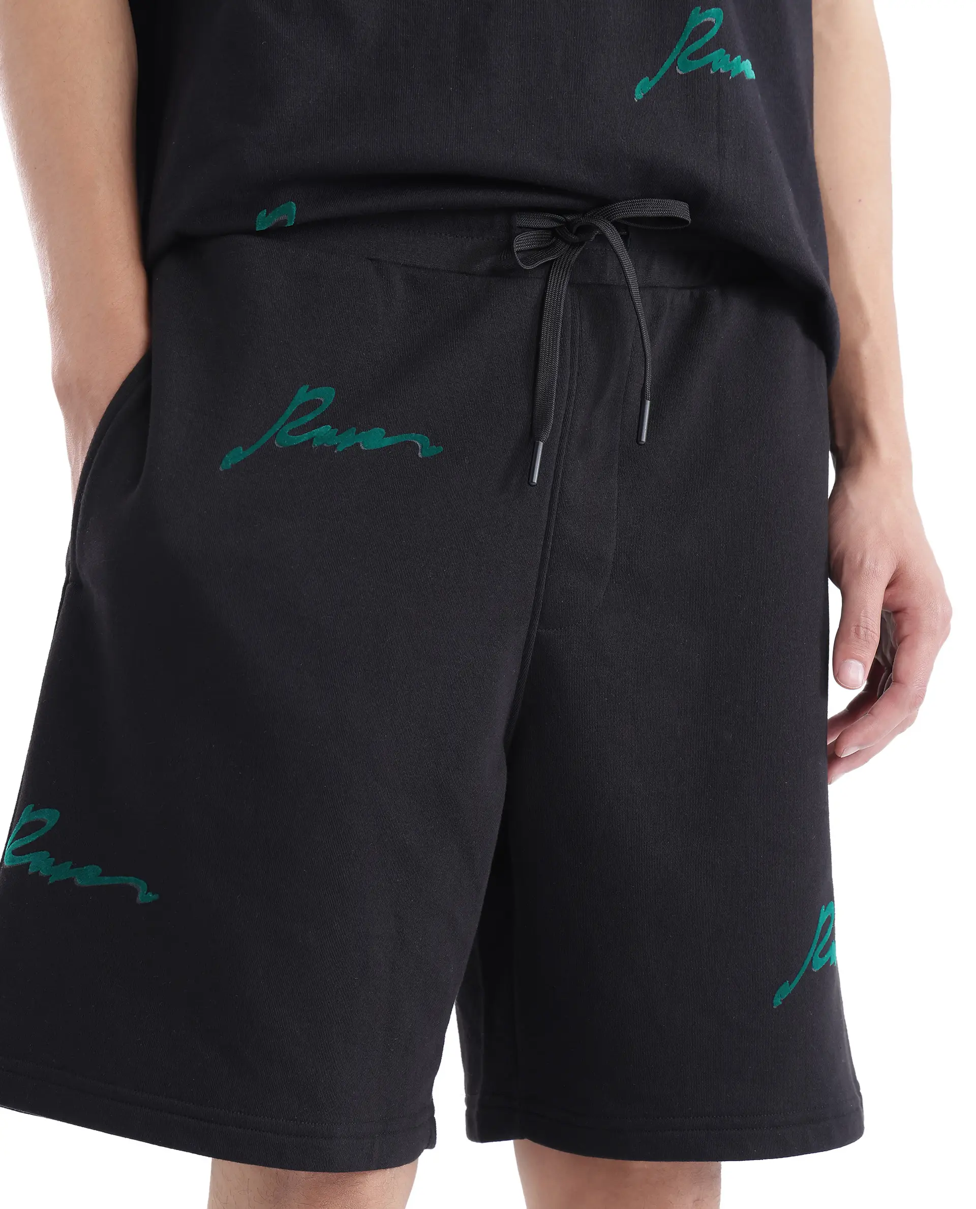 Rare Rabbit Men's Erken-B Black Cotton Typography Print Oversized Fit Shorts - Image 3