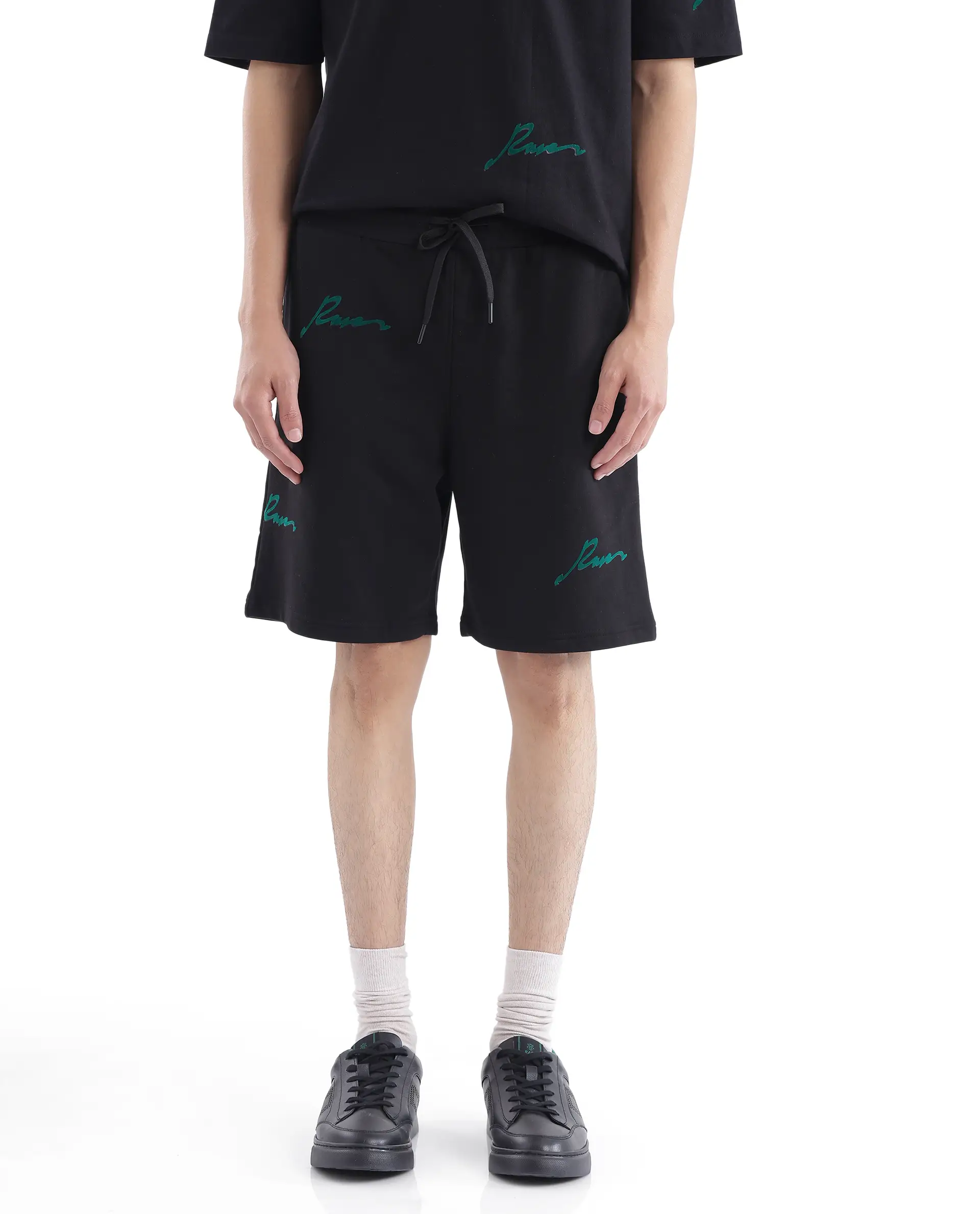 Rare Rabbit Men's Erken-B Black Cotton Typography Print Oversized Fit Shorts - Image 5