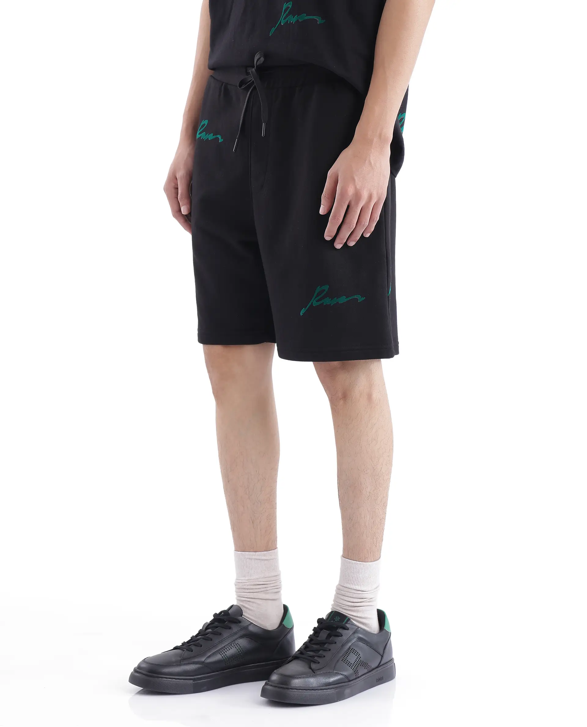 Rare Rabbit Men's Erken-B Black Cotton Typography Print Oversized Fit Shorts - Image 6