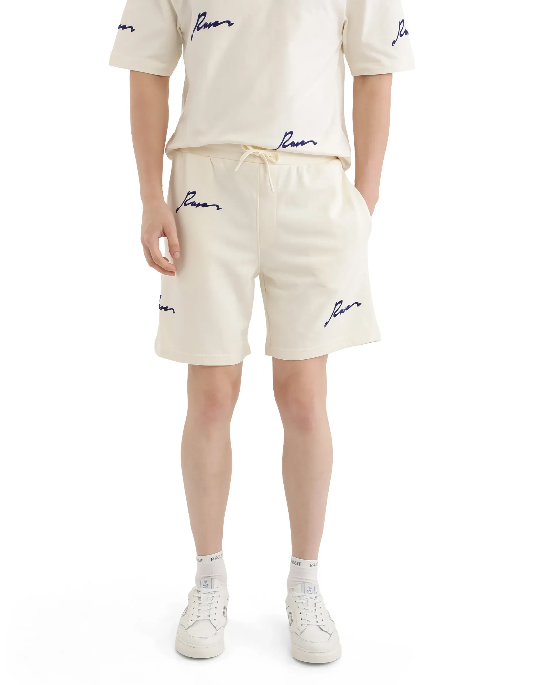 Rare Rabbit Men's Erken B Off White Cotton Blend Typography Print Oversized Fit Shorts